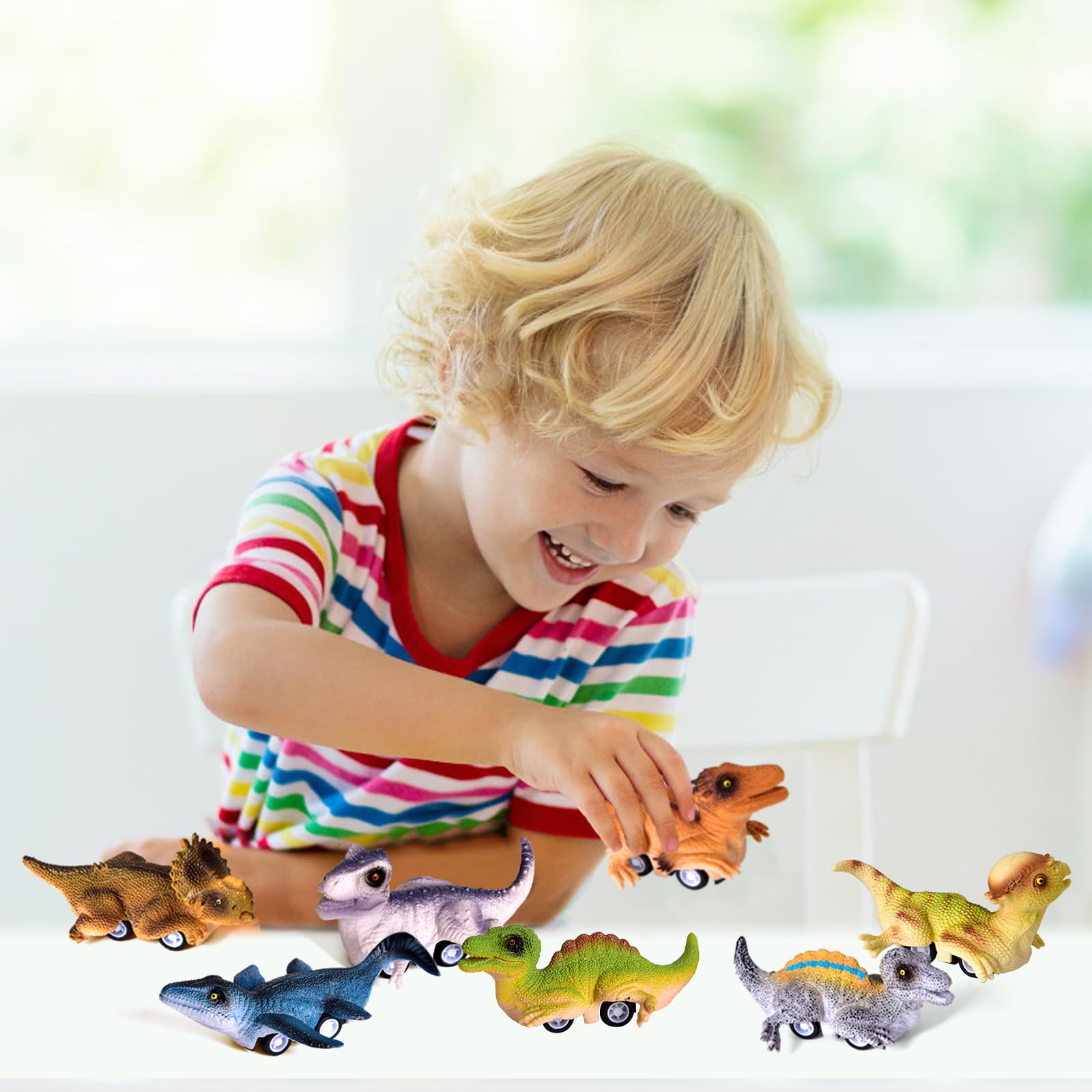 12 Pack Pull Back Dinosaur Toy Cars for Kids Ages 3-7 - Fun Dino Race Set for Boys & Girls - Birthday Party Favors, Goodie Bag Fillers & Preschool Learning Toys - Great for Indoor Play, Gift Giving & Imaginative Playtime