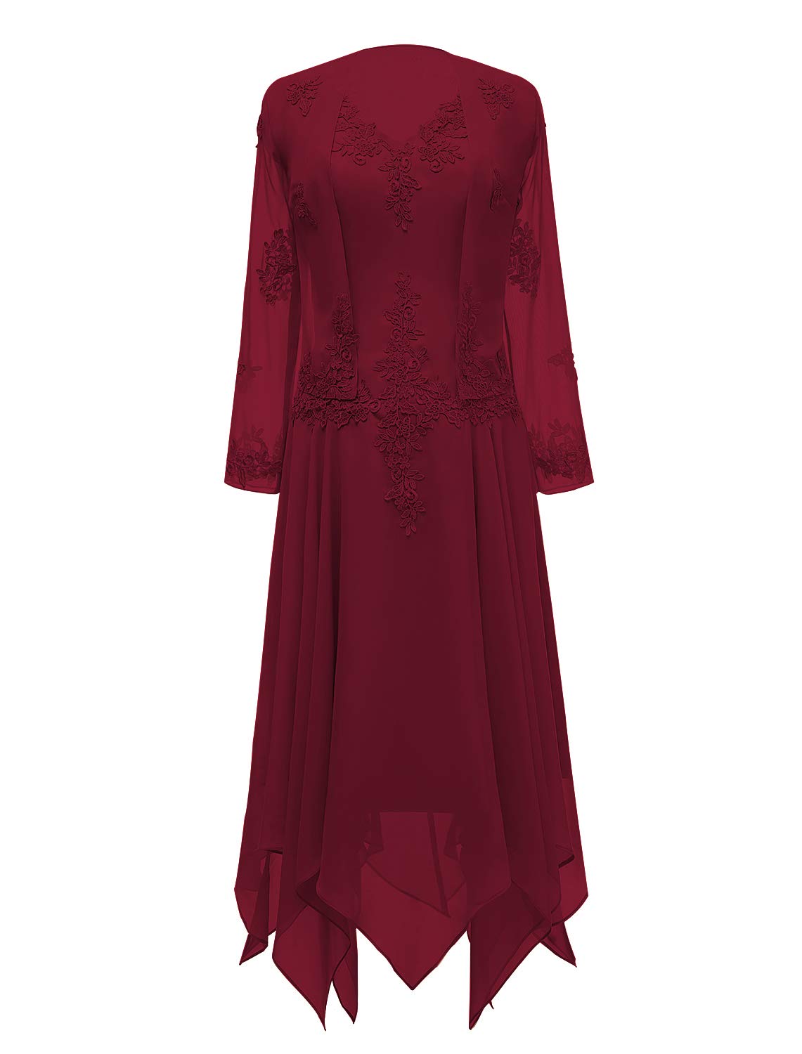 V-Neck Chiffon Mother of The Bride Dress with Lace Long Sleeves & Jacket - Elegant Tea Length Formal Evening Gown for Weddings, Parties & Special Occasions