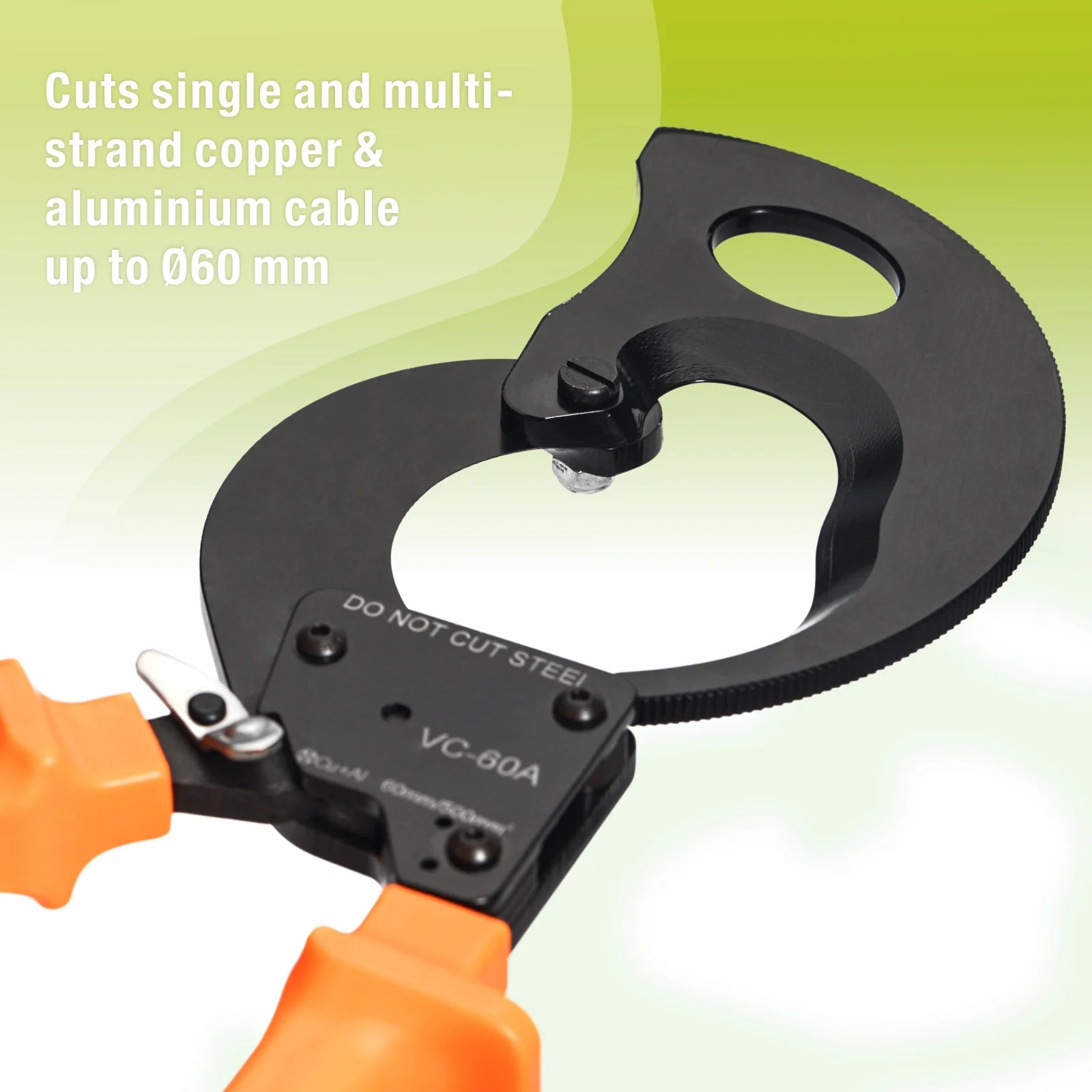 VC 60A Ratchet Cable Cutter - Heavy Duty Copper & Aluminum Wire Cutter for 1000MCM/60mm Diameter Cables (500mm²) - Ideal for Electrical Work, Industrial Wiring & DIY Projects