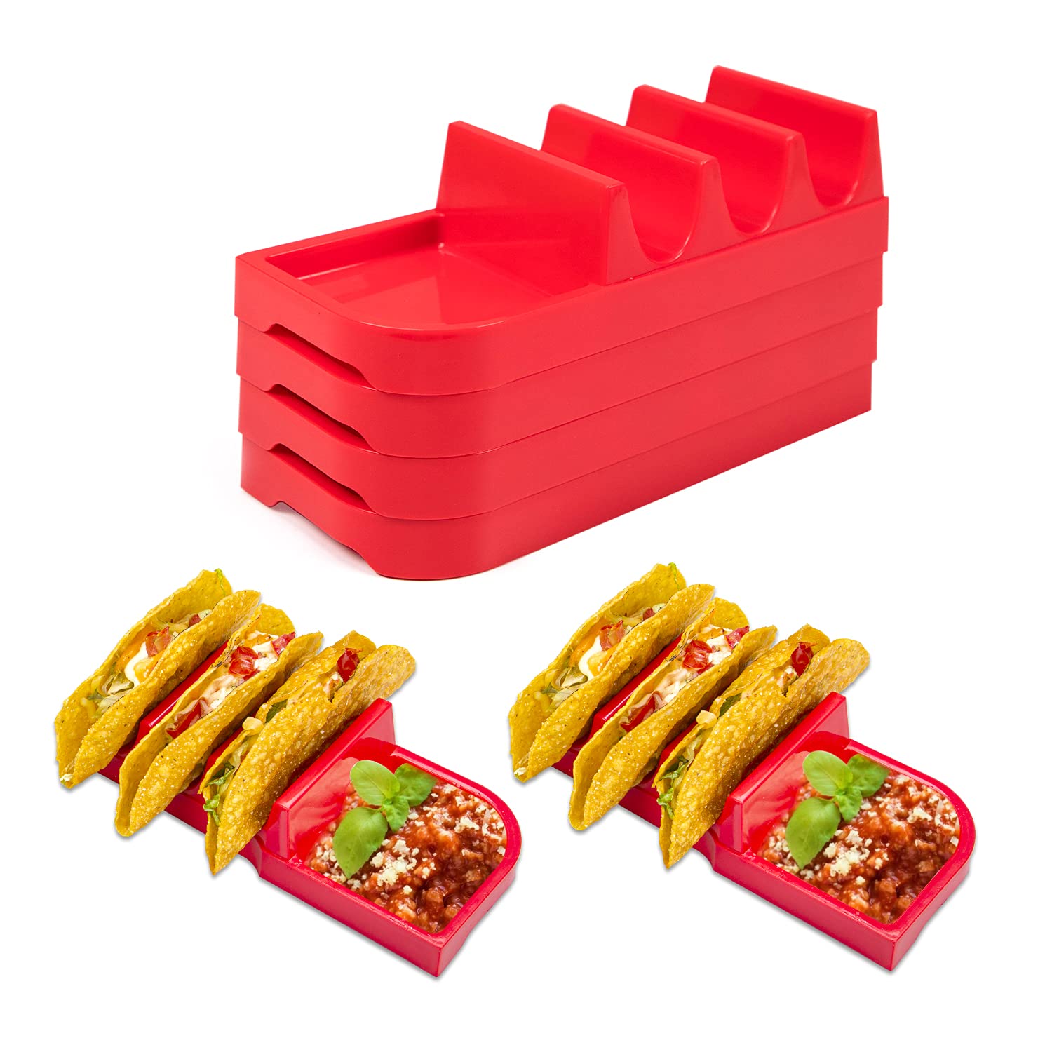 4-Pack Taco Holder Set - Large Plastic Taco Stand Tray for Soft & Hard Tacos (Holds 3 Tacos Each) - Colorful Taco Rack for Home Kitchen, Party Serving & Kids Meals - Perfect for Taco Tuesday, Mexican Fiesta & Family Gatherings