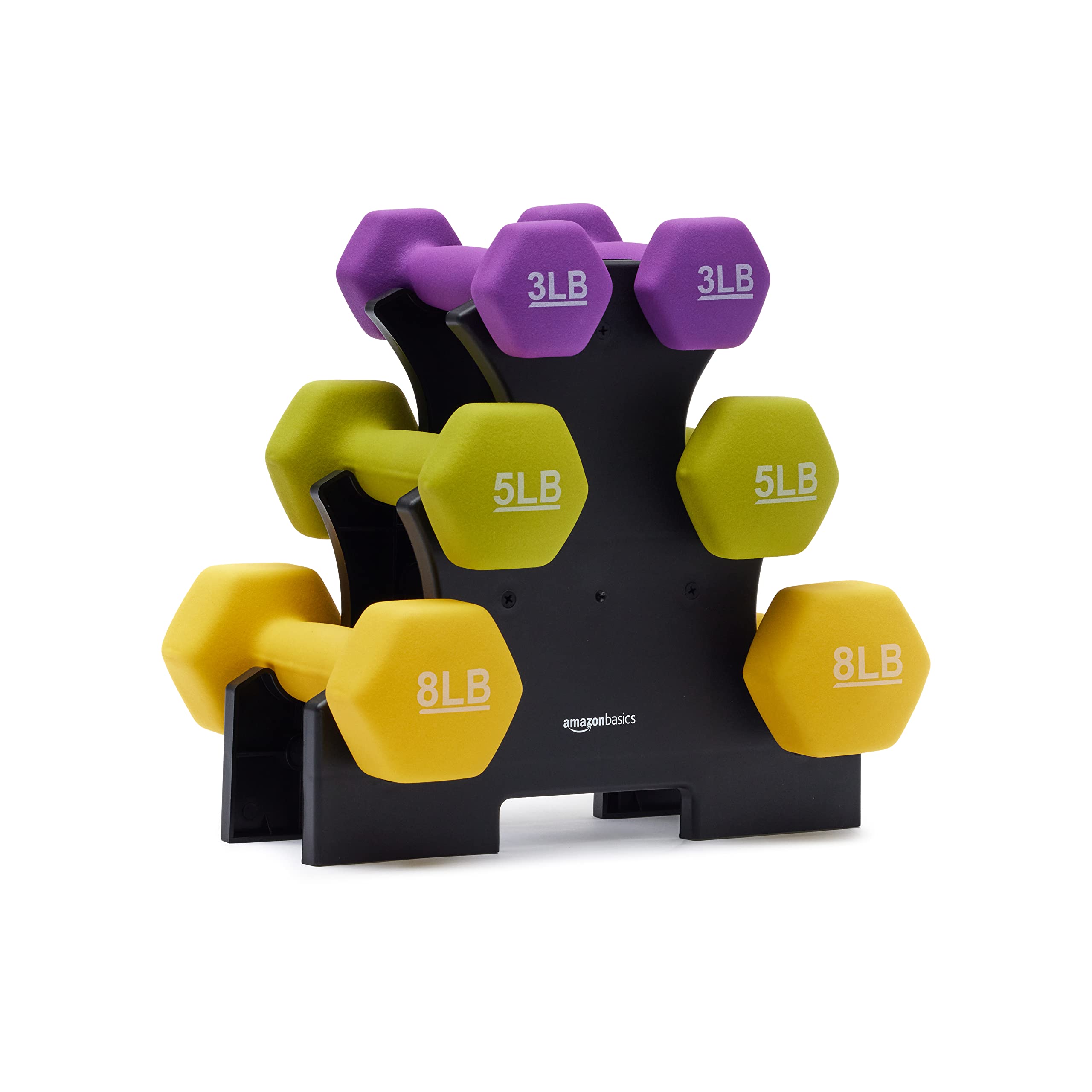 Amazon Basics Neoprene Dumbbell Hand Weights - 3lb, 5lb, 8lb Set for Home Workouts, Strength Training & Fitness - Non-Slip Grip for Yoga, Pilates & Cardio Exercises