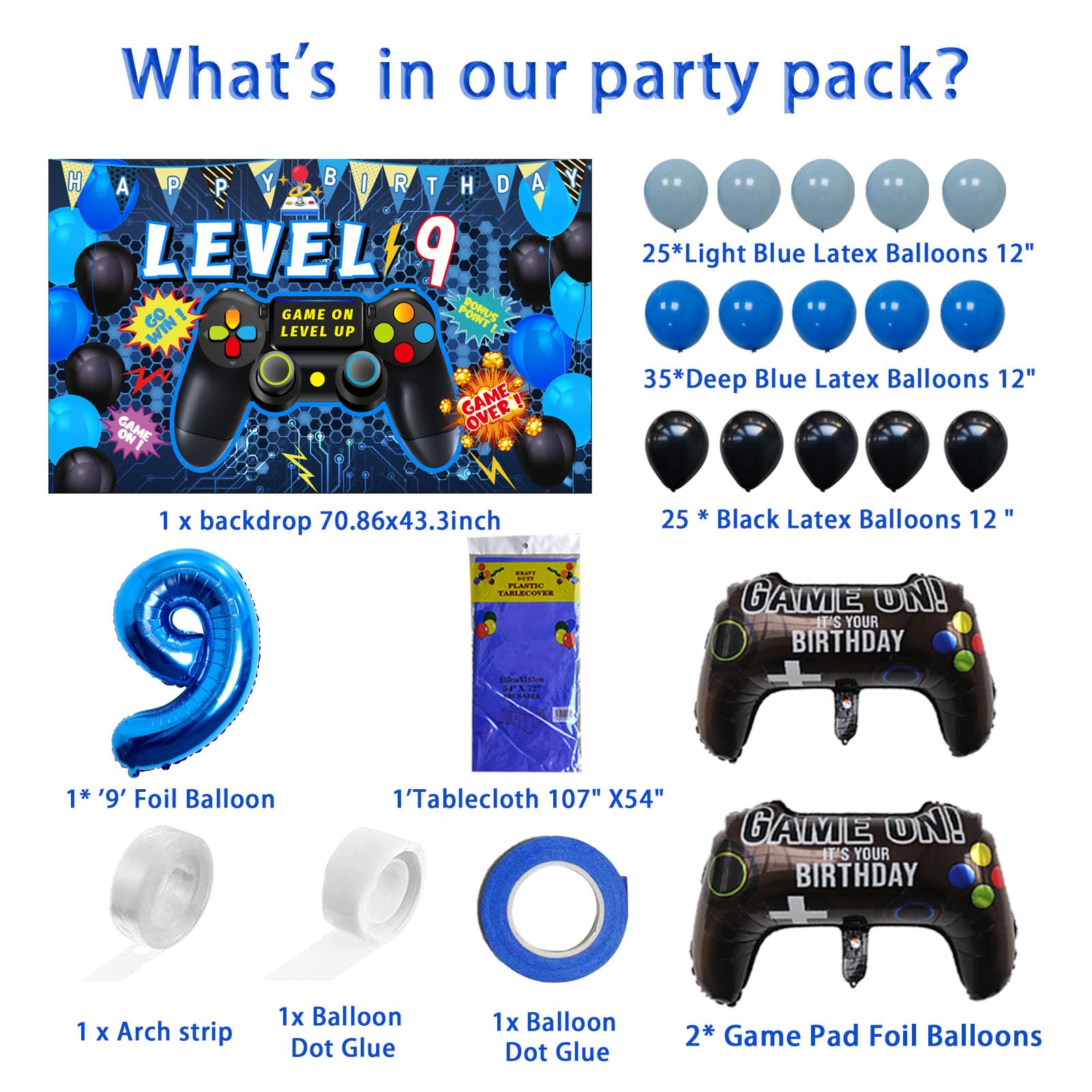 Vlipoeasn 90PCS Blue Video Game Party Decorations Set for Boys - 9th Birthday Party Supplies with Backdrop, Balloons & Tablecloth - Perfect for Gamer Themed Birthday Parties, Gaming Events & Kids Celebrations
