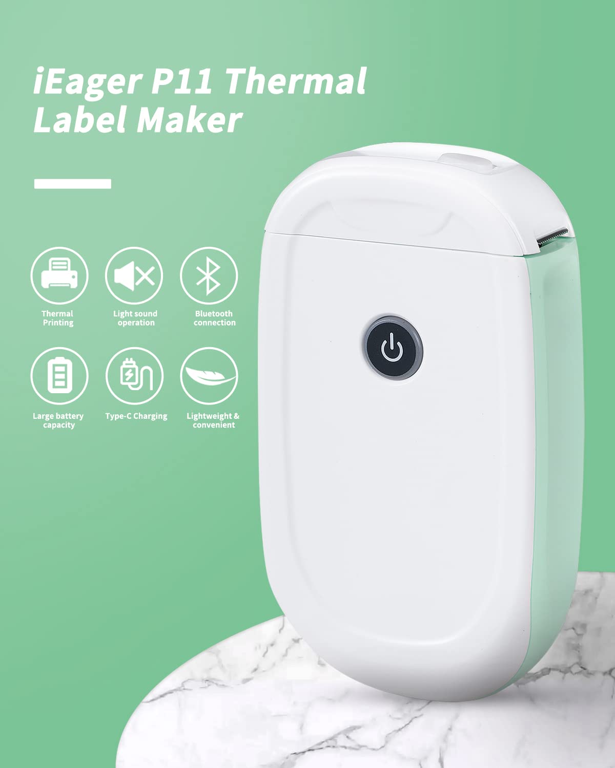 iEager L11 Wireless Label Maker - Portable Thermal Label Printer with Tape for Home, Office & Storage Organization (White-Green) | Perfect for Pantry, Craft Room & Business Labeling Needs