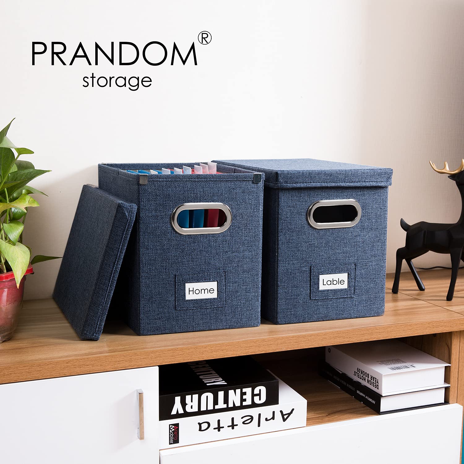 PRANDOM File Organizer Box Set of 4 - Collapsible Linen Storage Bins with Lids for Office, Home & School - Navy Blue Hanging File Folders (14x9.3x10.8 inches) - Perfect for Desk Organization, Document Storage & Cabinet Filing Systems