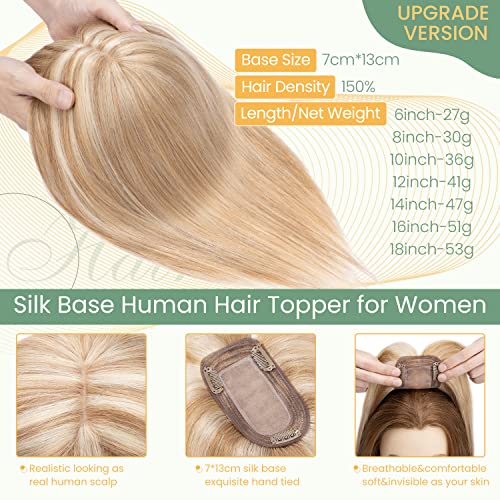 Clip in Human Hair Topper with Silk Base - Natural Looking Hairpiece for Thinning Hair - Perfect for Daily Wear, Special Occasions & Styling