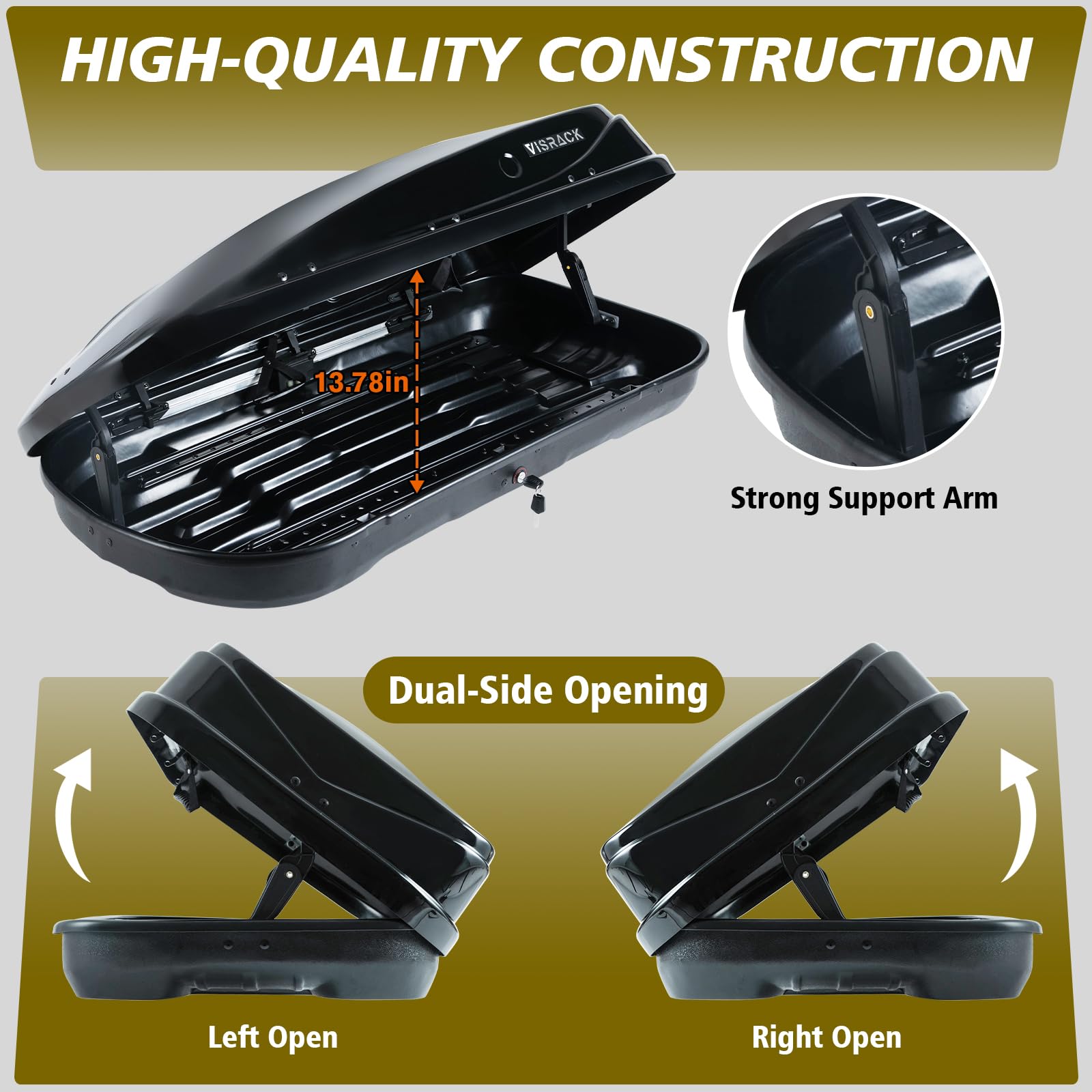 Black 13 Cubic Feet Rooftop Cargo Box - Heavy Duty Waterproof Car Top Carrier with Dual Side Opening | Extra Keys & Straps Included | Perfect for Road Trips, Camping Gear Storage & Travel Luggage