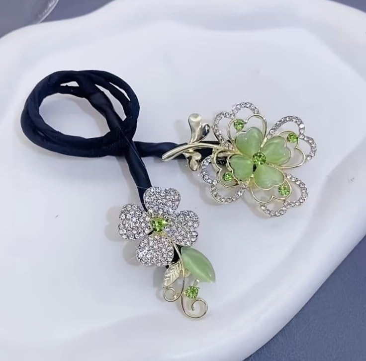 1 Piece Green Rhinestone Lazy Hair Curler Bun Maker - Perfect Hair Bun Tool for Women, Floral Hair Style Accessories, Twist Bun Clips for Party & Wedding (Green Floral) - Great for Special Occasions, Prom, Bridal & Everyday Hairstyling