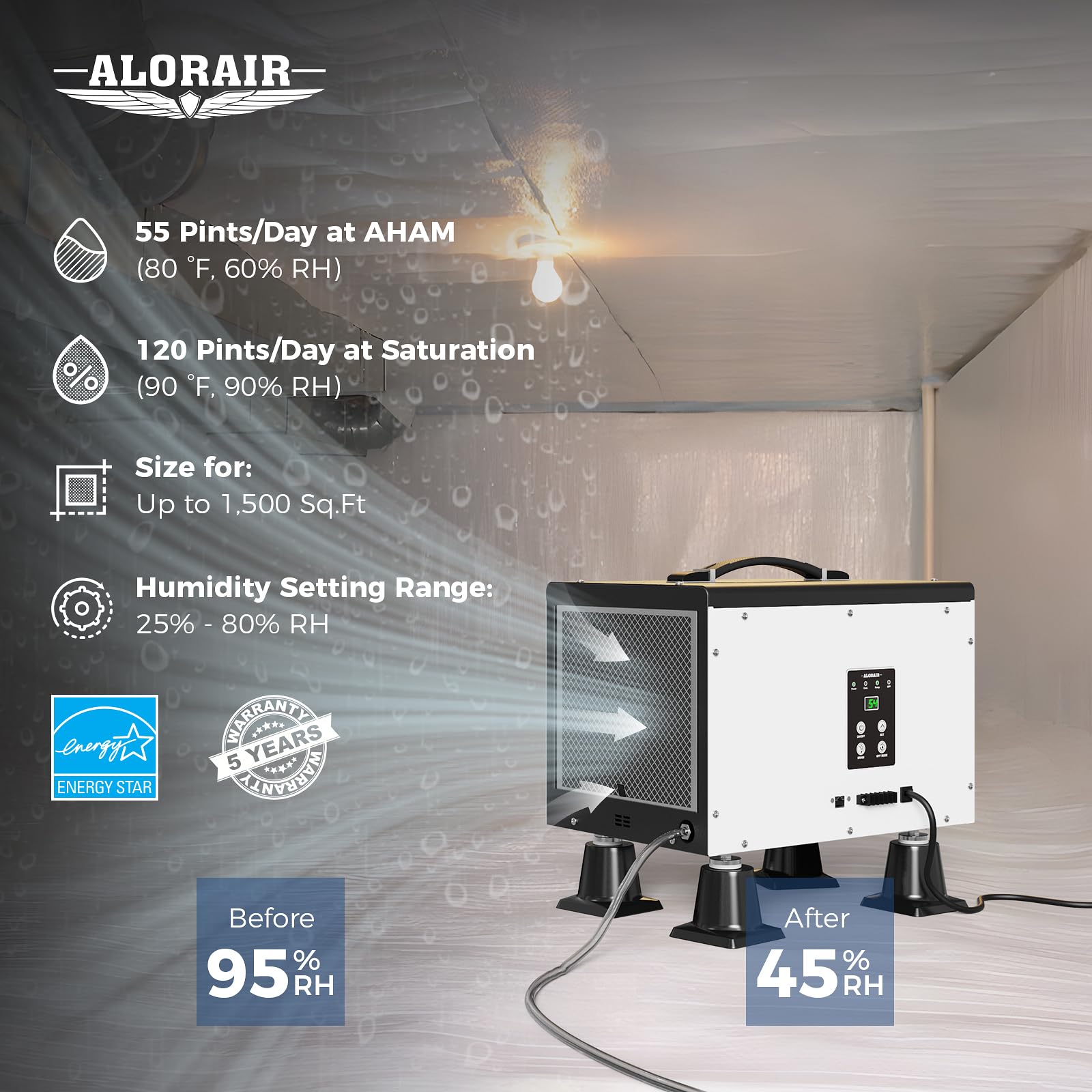 ALORAIR Energy Star Crawl Space Dehumidifier - 120 PPD with Drain Hose & Pump | Portable Compact Auto Defrost for Basements, Under House & Commercial Use | Ideal for Moisture Control in Damp Areas