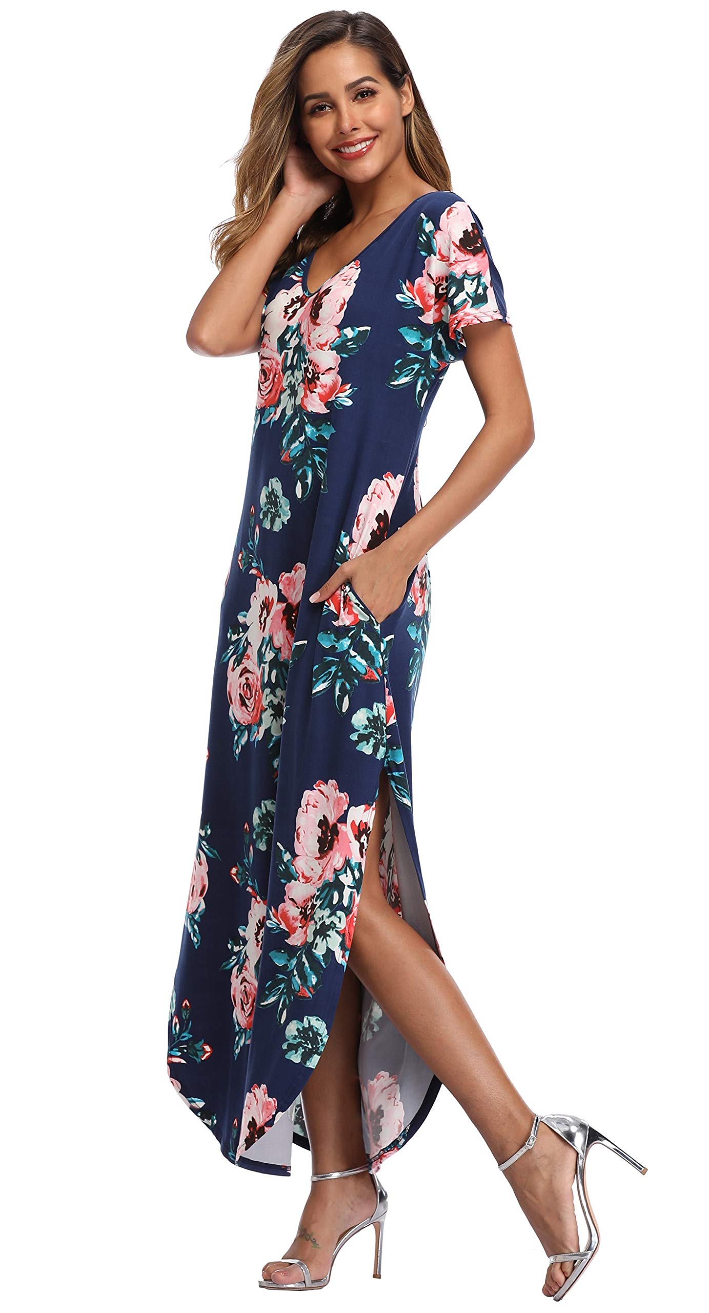 Floral Print Women's Maxi Dress - Long Casual Summer Dress with Pockets for Beach, Party & Vacation | Lightweight Flowy Boho Dress for Outdoor Events & Travel