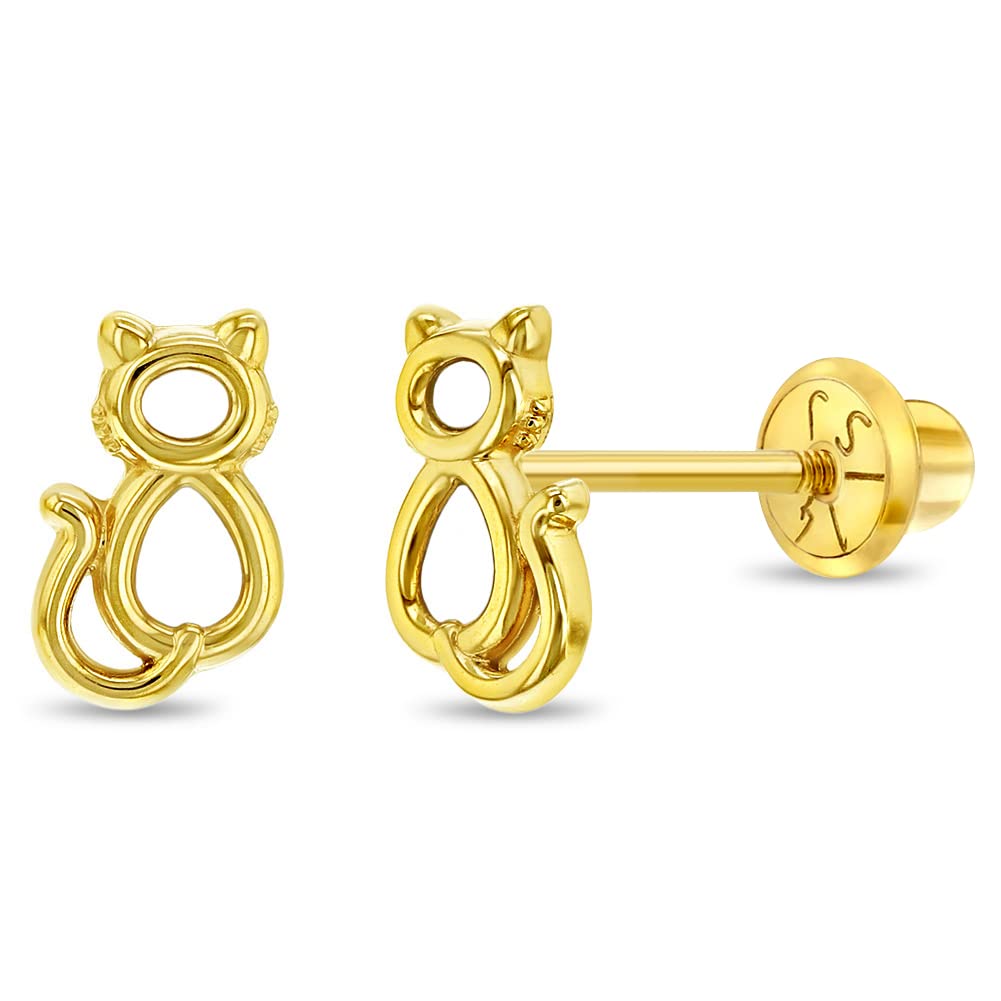 14K Yellow Gold Cat Stud Earrings for Toddlers & Girls - Secure Screw Back Design for Safety - Cute Little Kitten Earrings for Kids | Perfect for Birthdays, Gifts & Everyday Wear