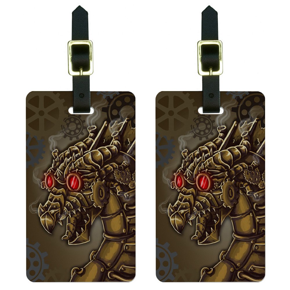 Steampunk Dragon Mechanical Robot Gears Luggage Tags - Set of 2 Vintage Suitcase ID Tags for Travel Bags (Perfect for Cosplay, Renaissance Fairs & Steam Punk Fashion Accessories)