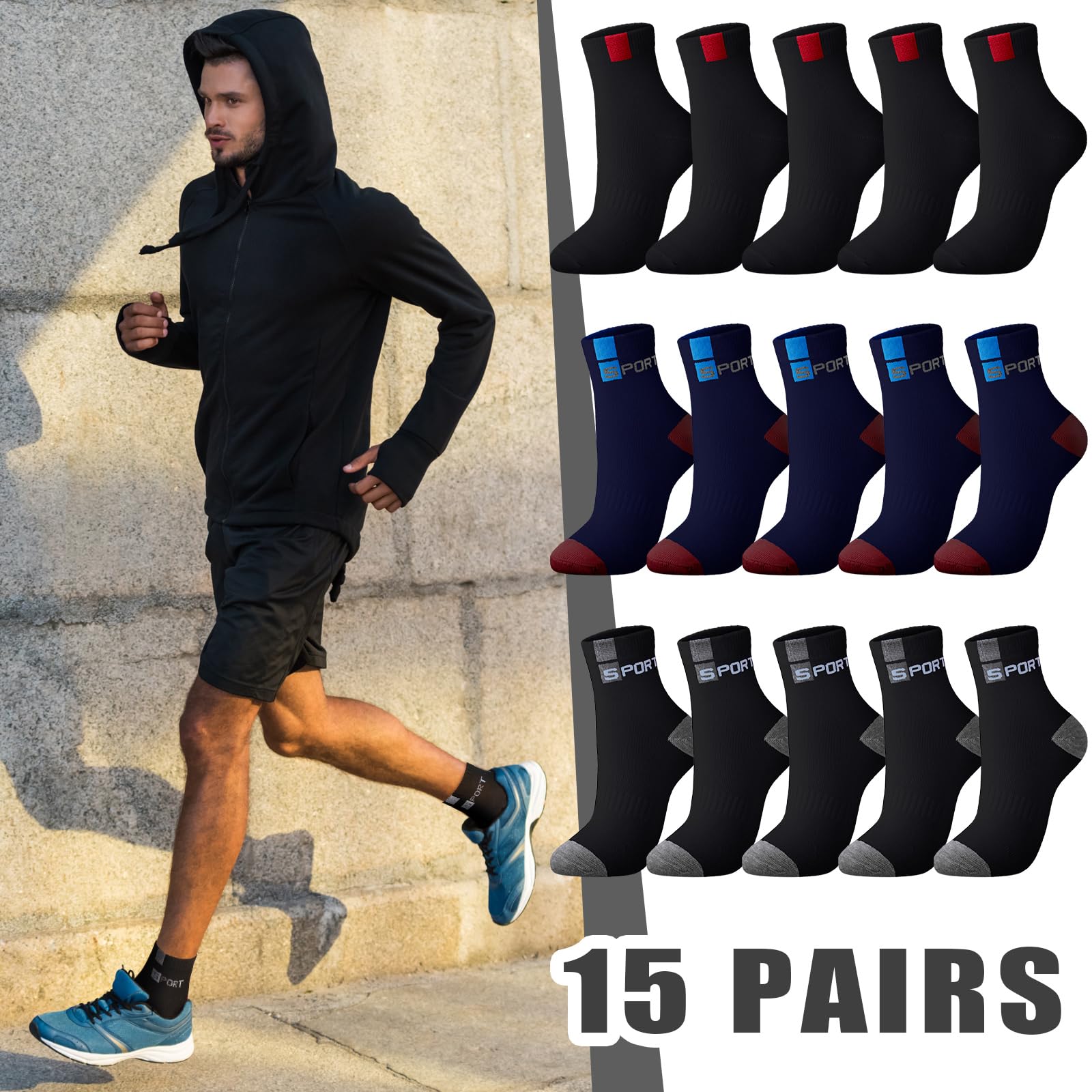 Bencailor 15 Pairs Men's Crew Socks - Breathable Athletic Socks for Running, Gym & Sports - Lightweight Comfortable Casual Socks for Daily Wear & Workout