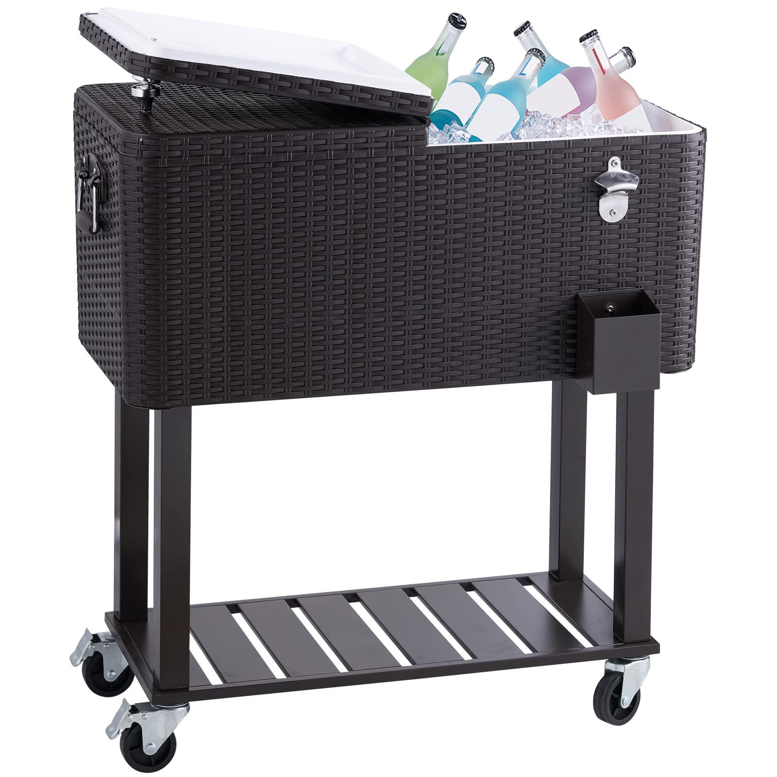 VEVOR 80 Quart Rolling Ice Chest Cooler Cart with Wheels & Handles - Portable Beverage Cooler for Drinks, Outdoor Parties, Tailgating, Camping & Poolside Use - Includes Bottle Opener (Silver)