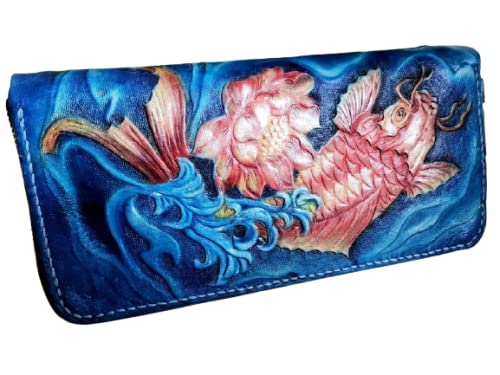 Handcrafted Genuine Leather Koi Fish Wallet - Long Biker Travel Wallet with Custom Carved & Painted Design - Personalized Embossed & Tooled Clutch for Men & Women - Perfect for Daily Use, Travel & Motorcycle Riders