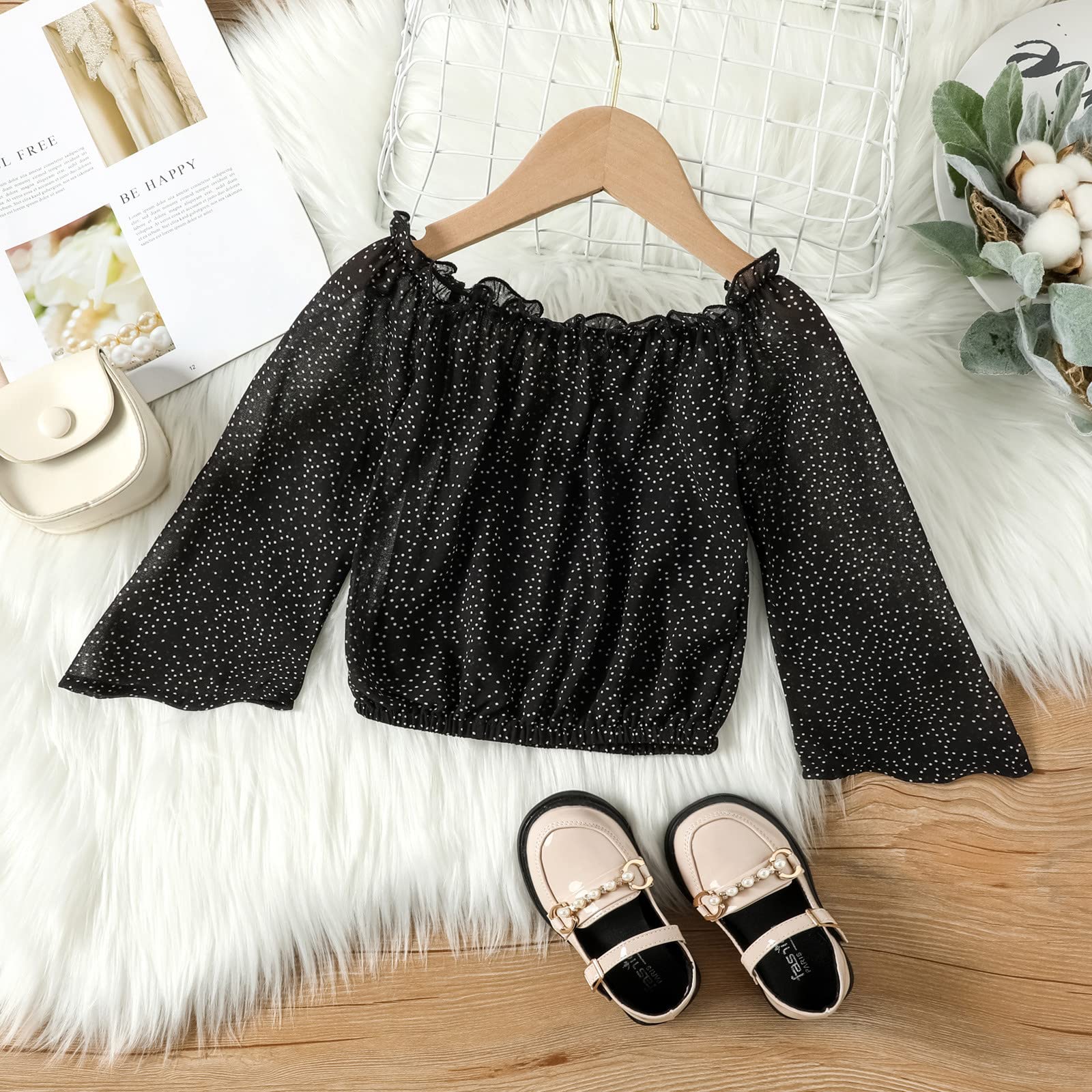 Toddler Girls Long Sleeve Chiffon Dot Off Shoulder Top & Pants Outfit Set - Cute Baby Clothes for 1-3 Year Olds - Perfect for Birthday Parties, Photo Shoots & Special Occasions