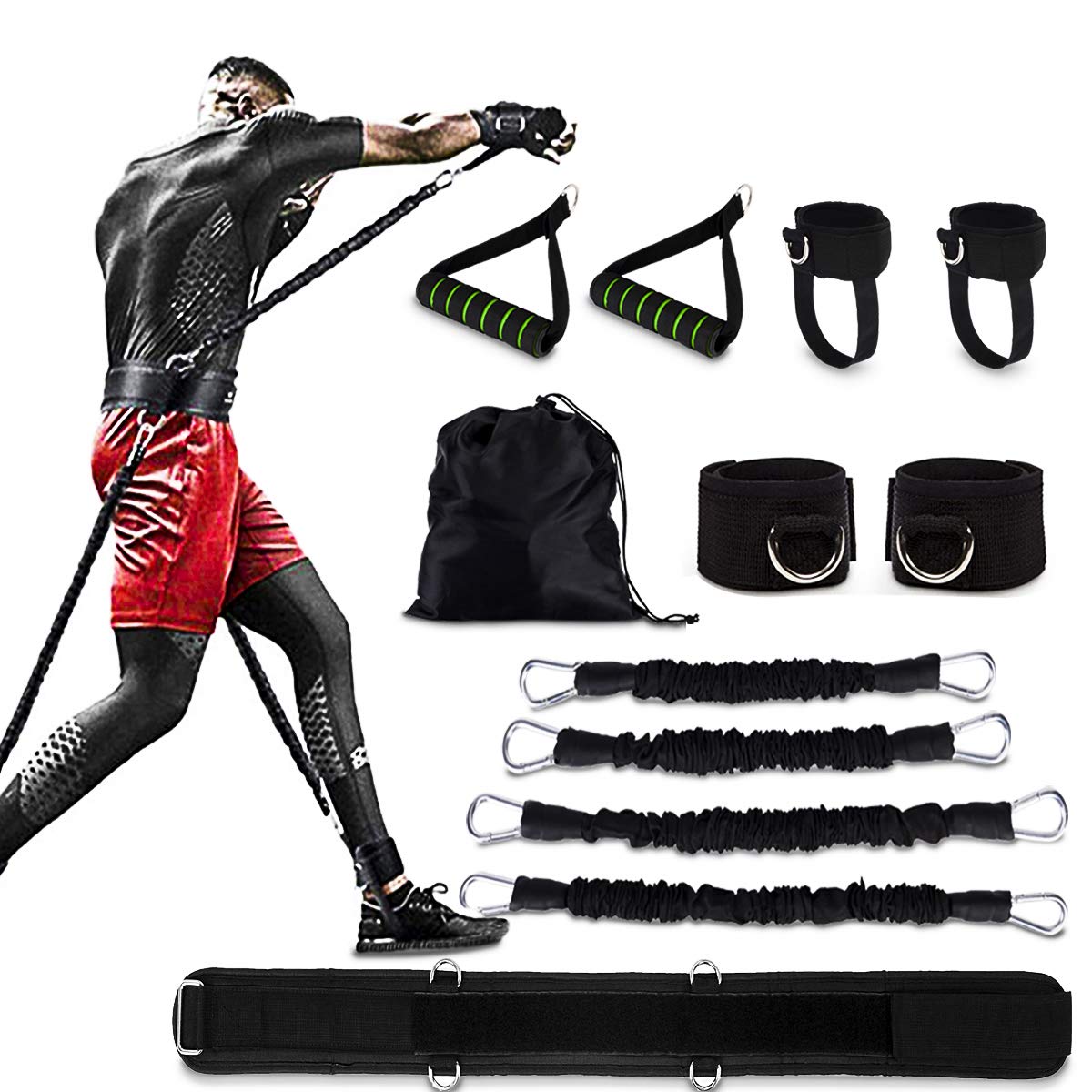 Power Punch Pro Resistance Bands Set with Handles, Ankle Cuffs & Belt - MMA Boxing Training Equipment for Men | Full Body Workout at Home | Perfect for Boxing, Thai Shadow, Taekwondo & Fitness Training