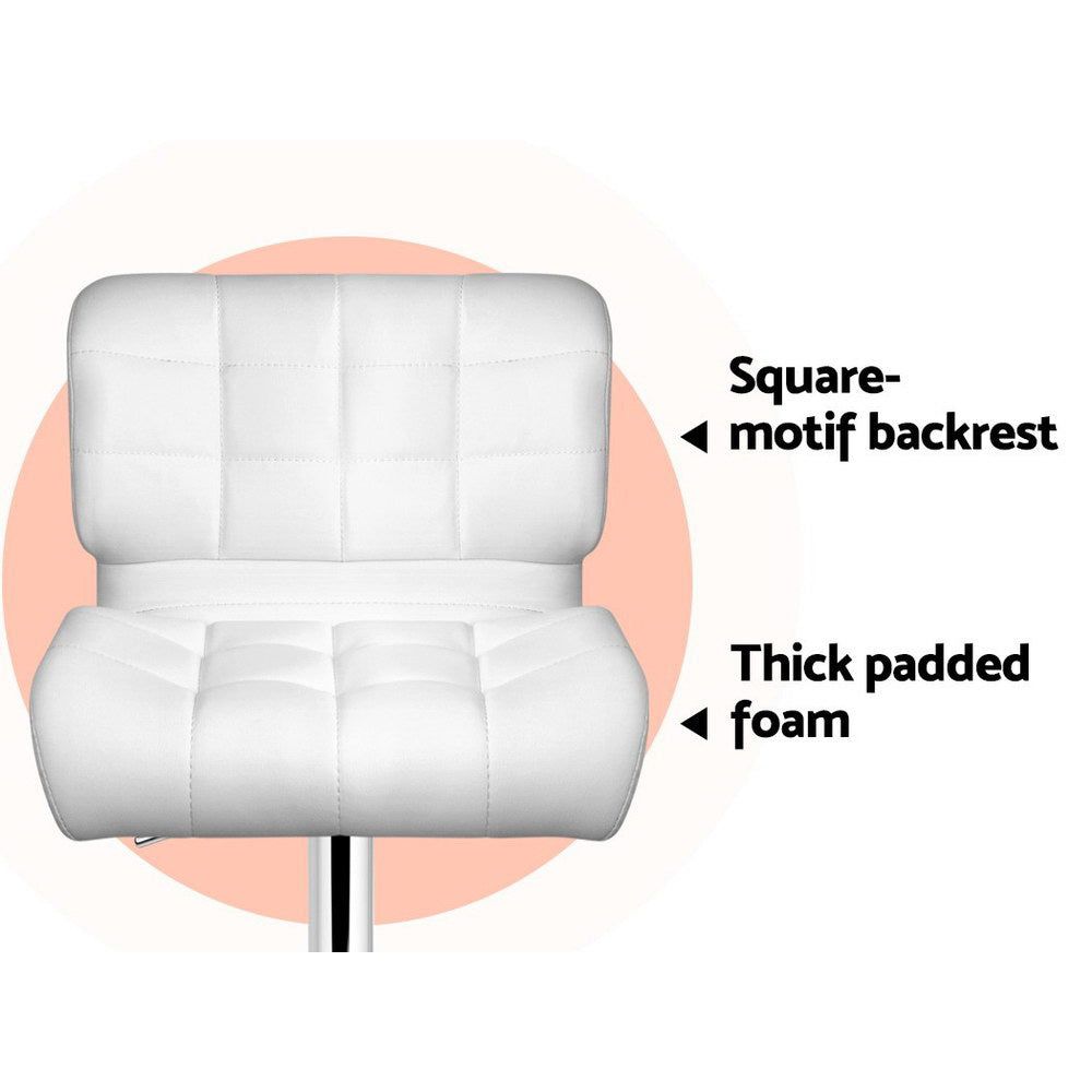 4 Bar Stools with Gas Lift Mechanism - White Leather Padded Seat - Perfect for Kitchen Island, Breakfast Nook or Home Bar Decor