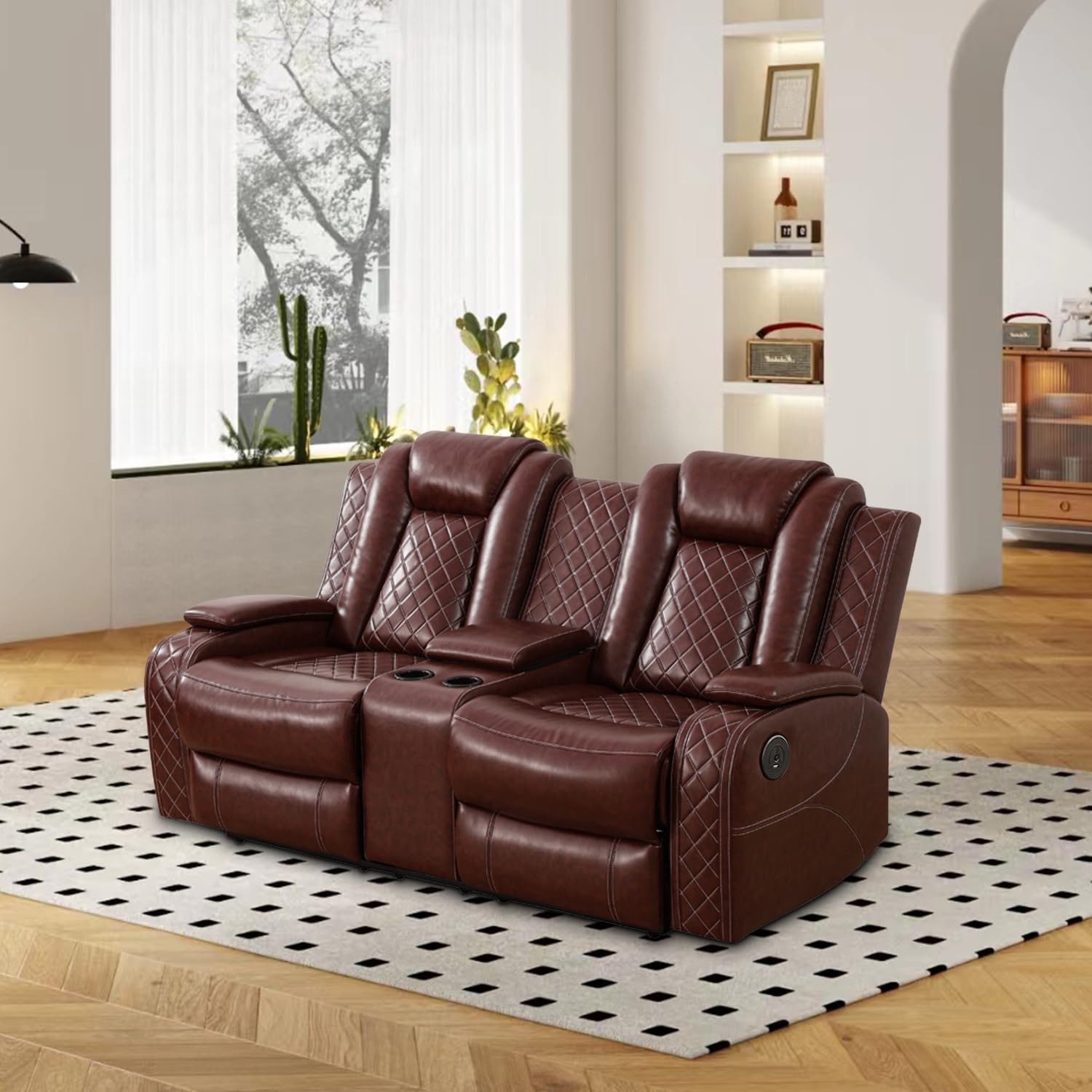 Power Reclining Sofa Set with USB Ports - Genuine Leather Recliner Couches for Living Room, Apartment, Office & Home Theater - Burgundy 3-Piece Set (Sofa + Loveseat) - Perfect for Movie Nights, Family Gatherings & Relaxing After Work