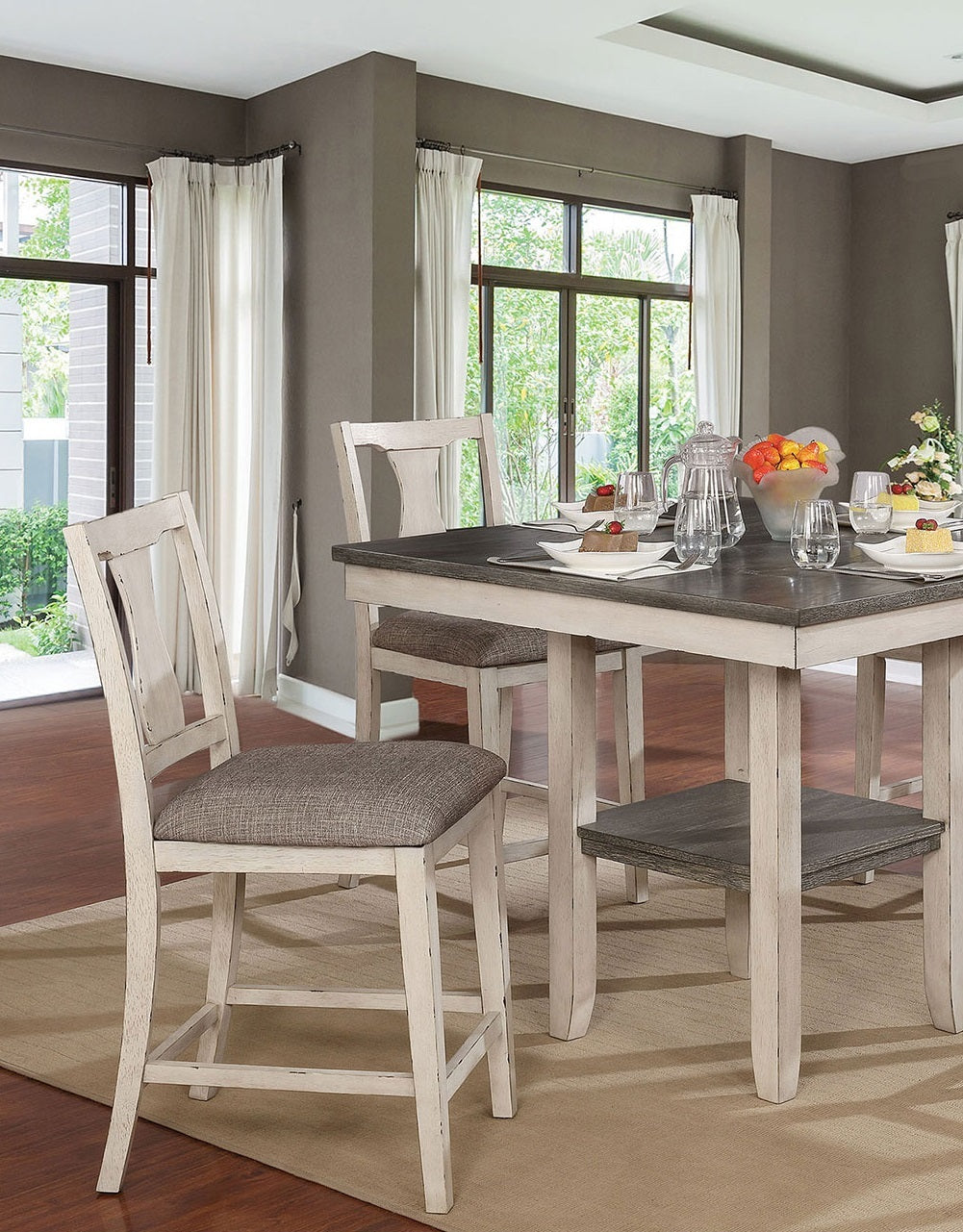 Rustic Style Antique White 5-Piece Counter Height Dining Set with Shelf - Farmhouse Kitchen Table & High Chairs for Small Space Dining Rooms, Breakfast Nooks & Cozy Home Decor