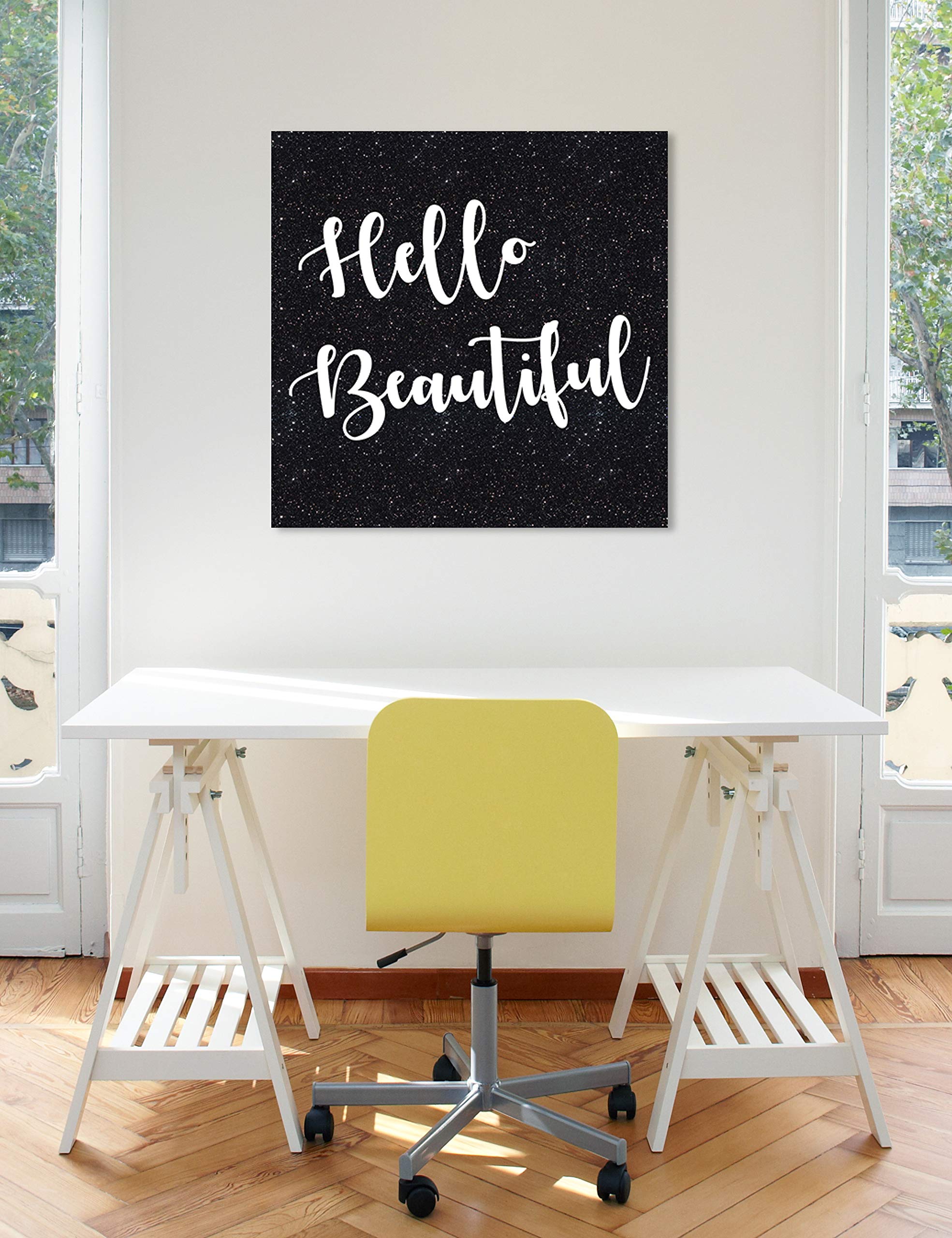 Oliver Gal Artist Co. 'Hello Beautiful Glitter' Typography Wall Art - 30x30 Inch White & Black Canvas Print for Living Room, Bedroom, Office Decor - Inspirational Quote Home Decor Gift