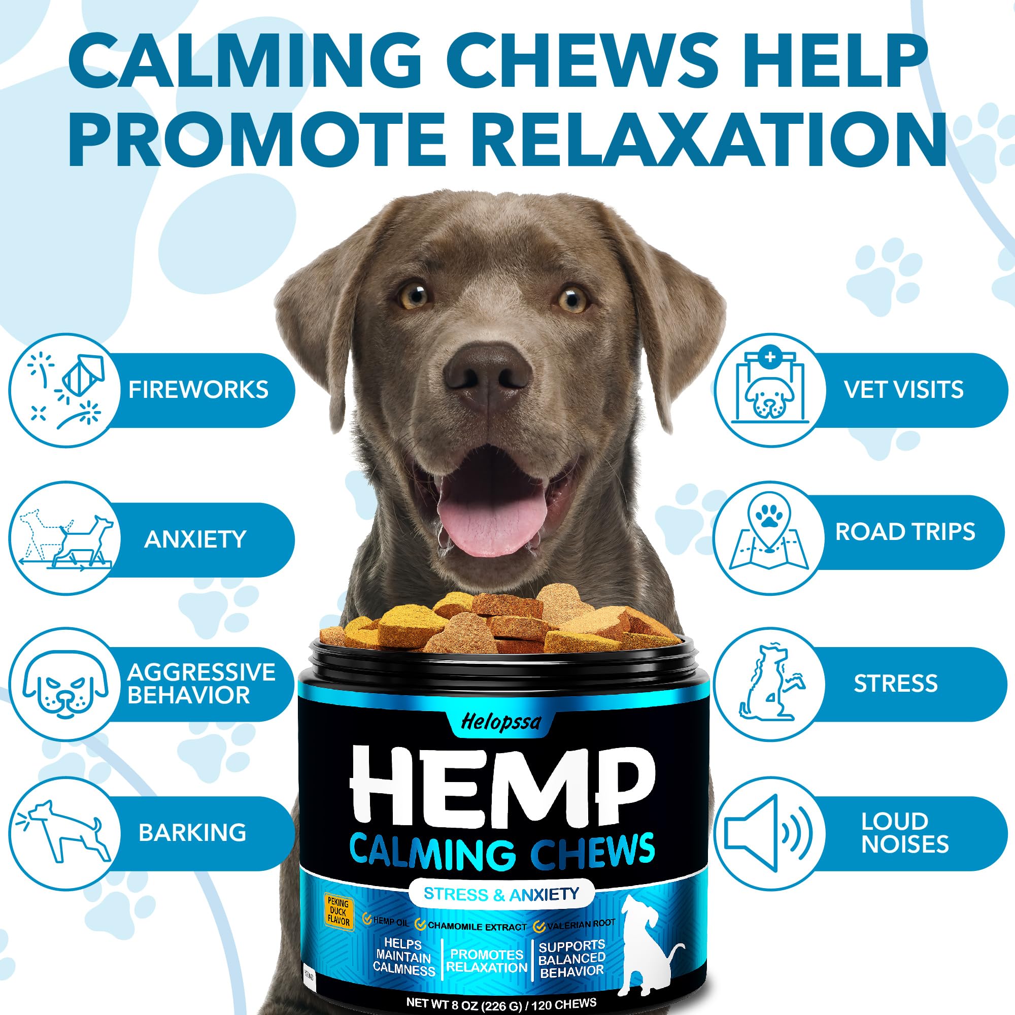 Natural Hemp Calming Chews for Dogs - Anxiety & Stress Relief Treats with Valerian & Hemp Oil - Helps with Thunderstorms, Fireworks, Separation Anxiety & Excessive Barking - 120 Soft Chews for Small, Medium & Large Dogs - Perfect for Travel, Vet Visits & Daily Calming Support