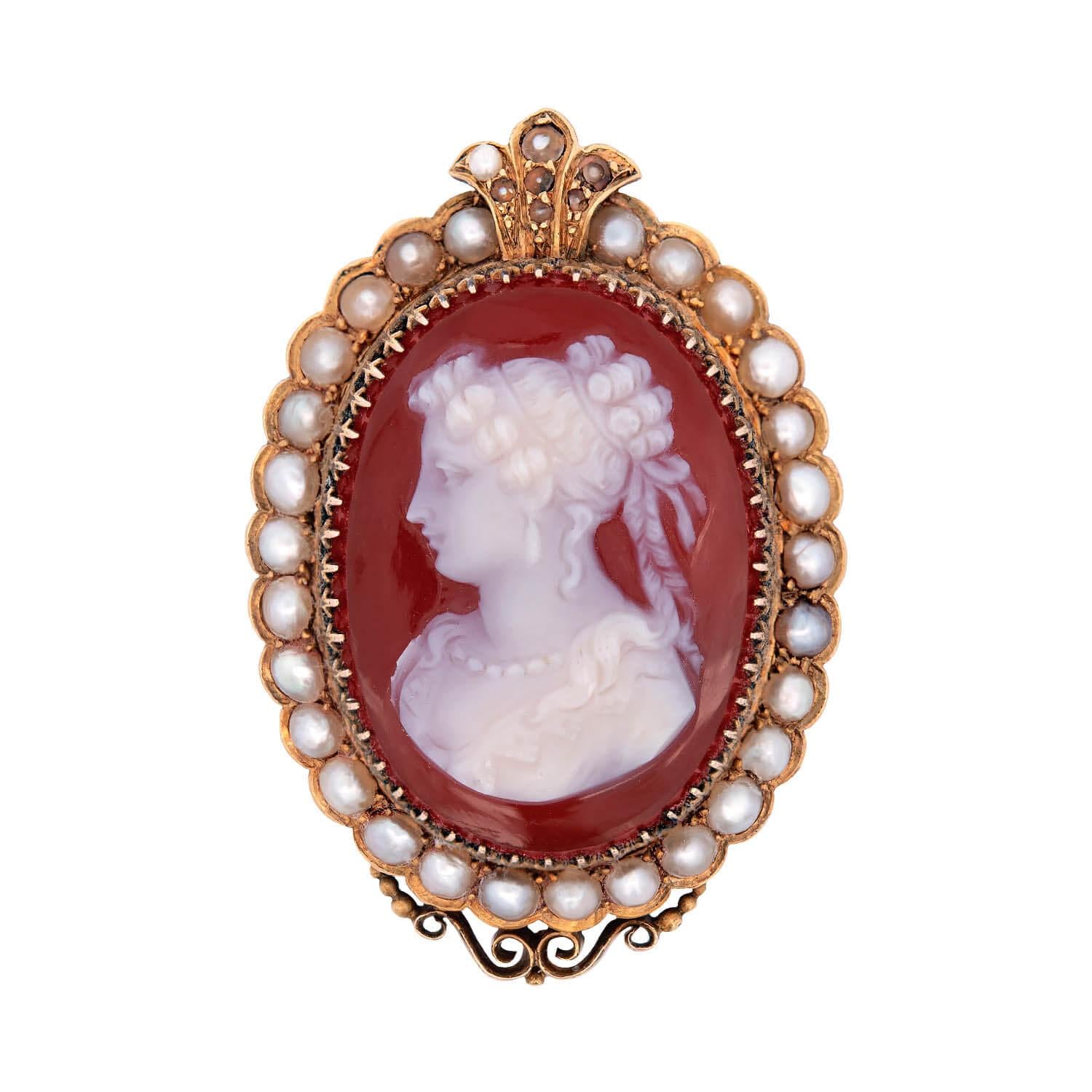 Antique Victorian 14K Gold Agate Hardstone Cameo Pearl Pendant Brooch Pin - Elegant Jewelry for Weddings, Special Occasions & Vintage Collectors
