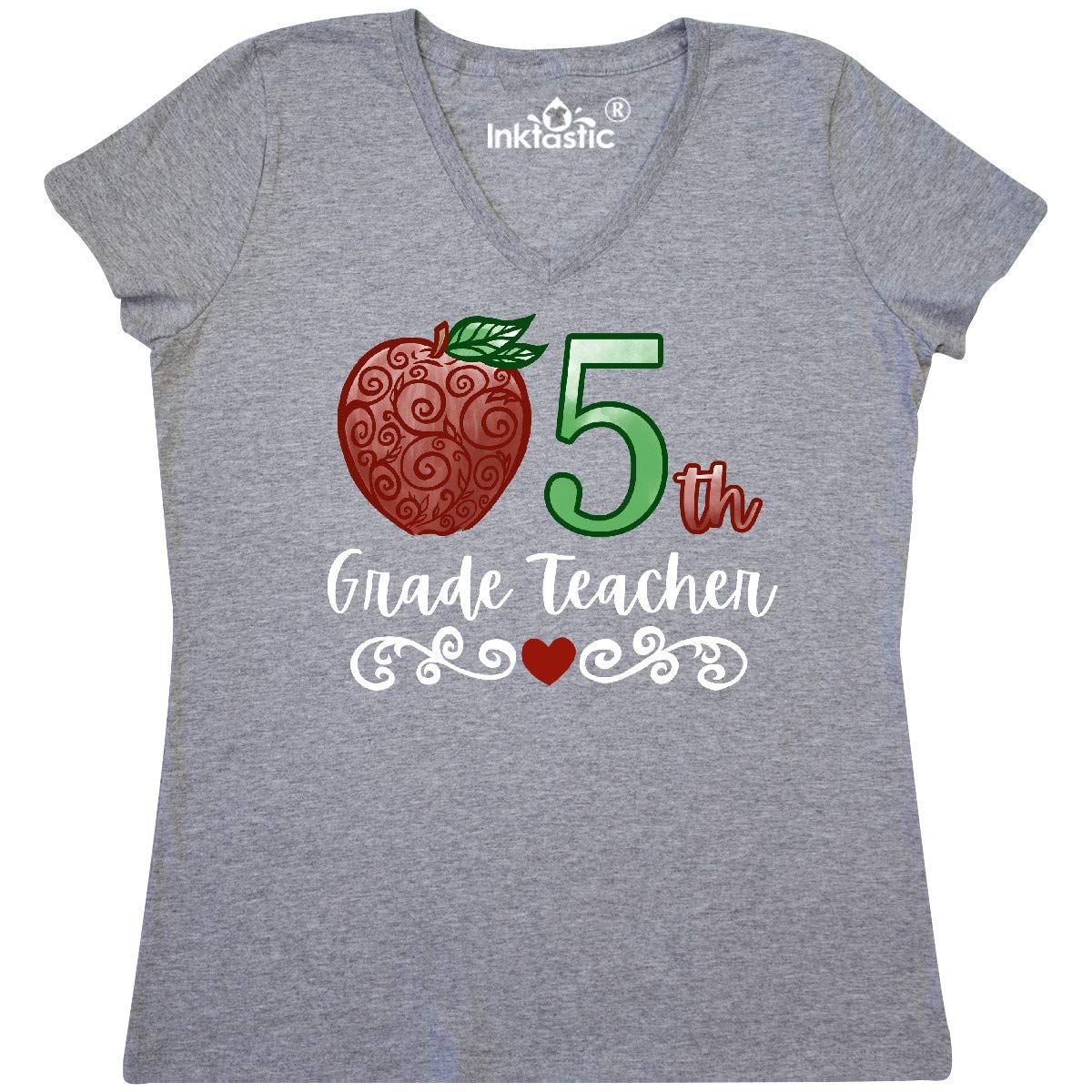 Inktastic 5th Grade Teacher Women's V-Neck T-Shirt with Red Apple Design - Perfect for Teacher Appreciation, Classroom Wear & School Spirit Outfits