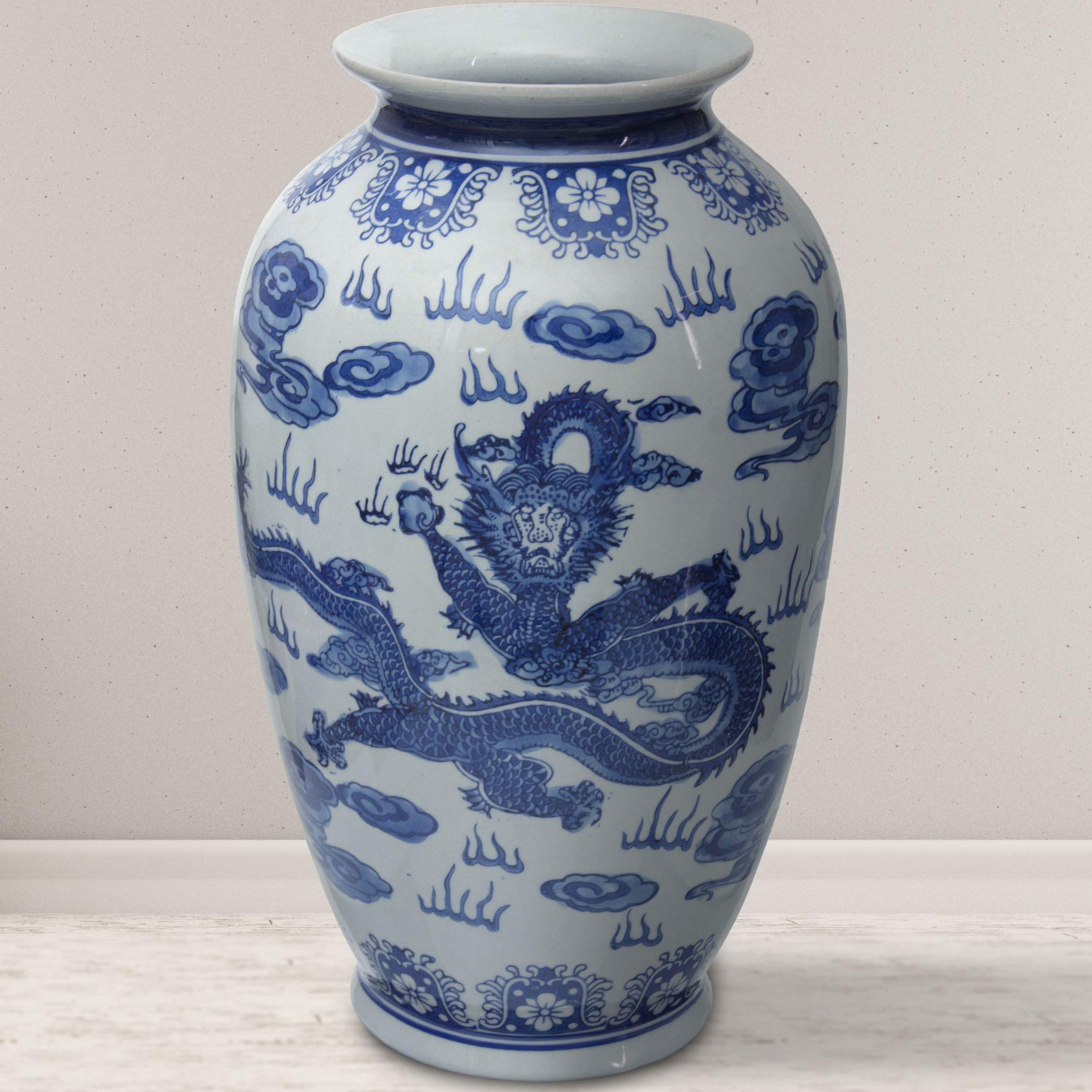 14 Inch Blue and White Porcelain Dragon Vase - Traditional Chinese Red Lantern Design for Home Decor, Wedding Centerpiece & Asian-Inspired Interior Styling