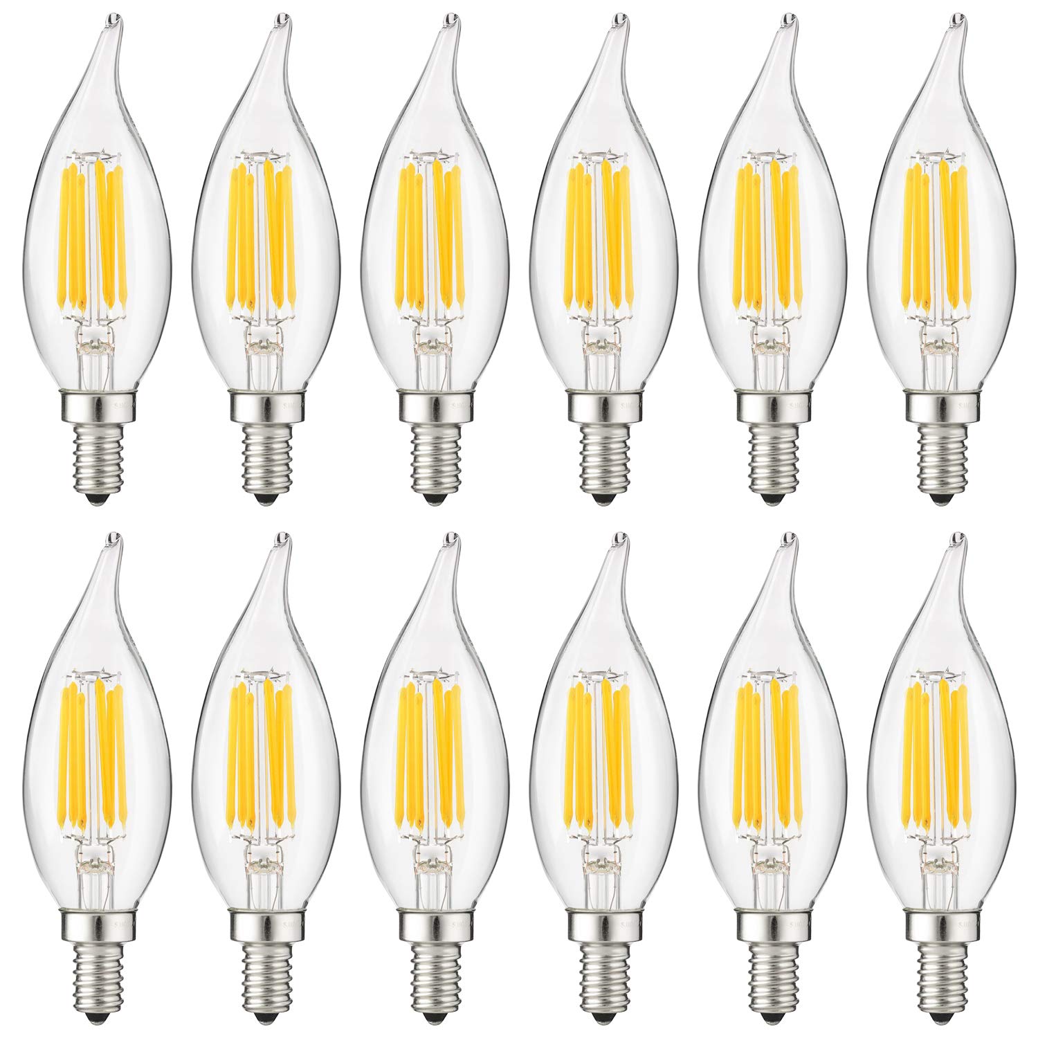 Sunlite 41353-SU LED Filament Chandelier Light Bulb with Flame Tip - ETL Listed, 5W (60W Equivalent), E12 Candelabra Base, Clear, Dimmable, 12-Pack, 4000K Cool White - Perfect for Dining Room Chandeliers, Wall Sconces, and Vintage Fixtures