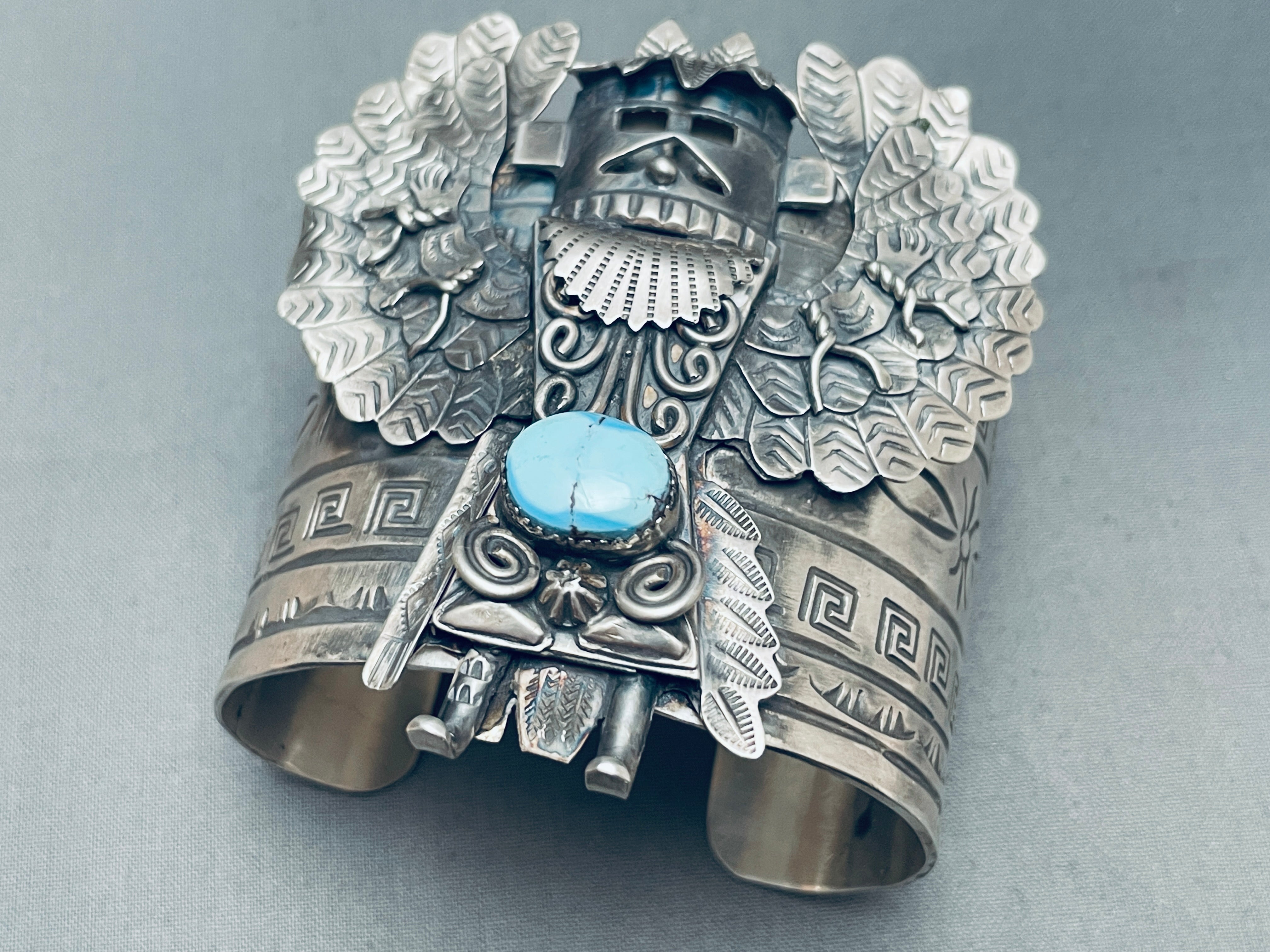 135g Heavy Navajo Turquoise Sterling Silver Kachina Bracelet - Authentic Native American Jewelry for Women, Perfect for Boho Fashion & Special Occasions