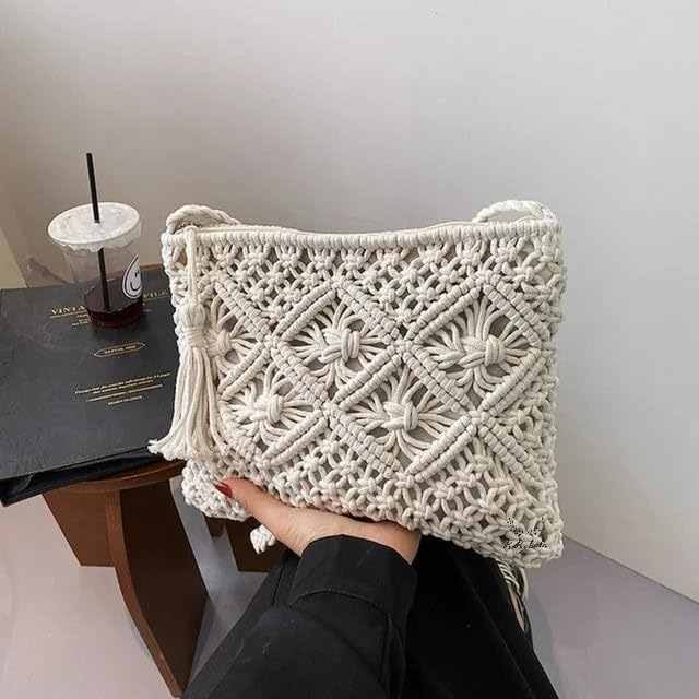 R.R.LALA Women's Macrame Shoulder Bag - Handmade Knit Weaving Beach Bag, Simple Hollow Design, White & Off White, 25cm x 20cm - Perfect for Summer Outings, Beach Vacations & Boho Fashion Accessories