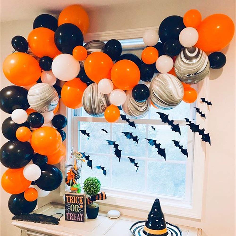 Halloween Balloon Garland Kit - 84 Pack Black Orange White Latex Balloons with 3D PVC Bat Decorations for Halloween Party Supplies | Perfect for Home, School & Office Halloween Decorations