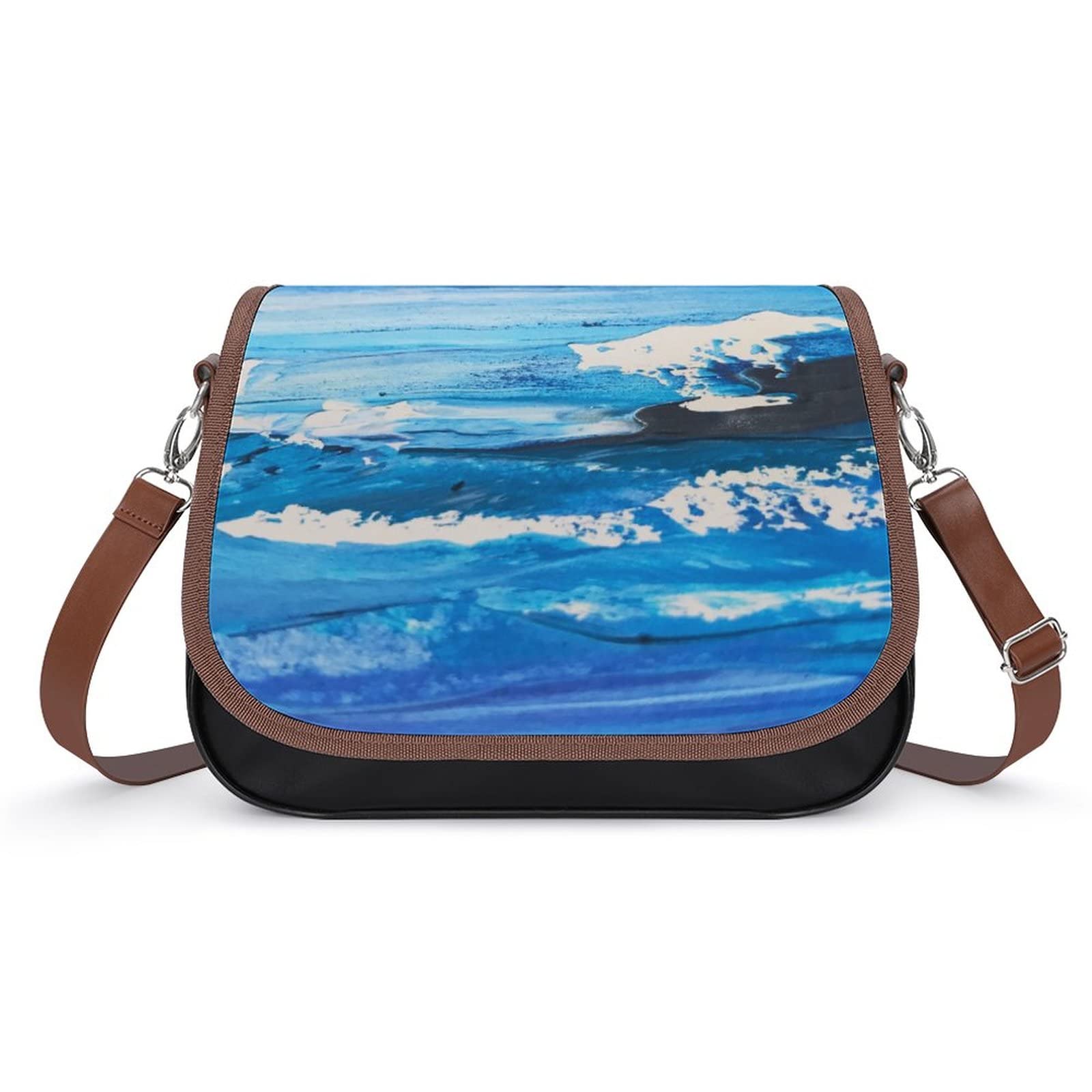Women's Leather Crossbody Bag - Printed Blue Waves Satchel Shoulder Purse for Casual Outings, Travel & Everyday Use