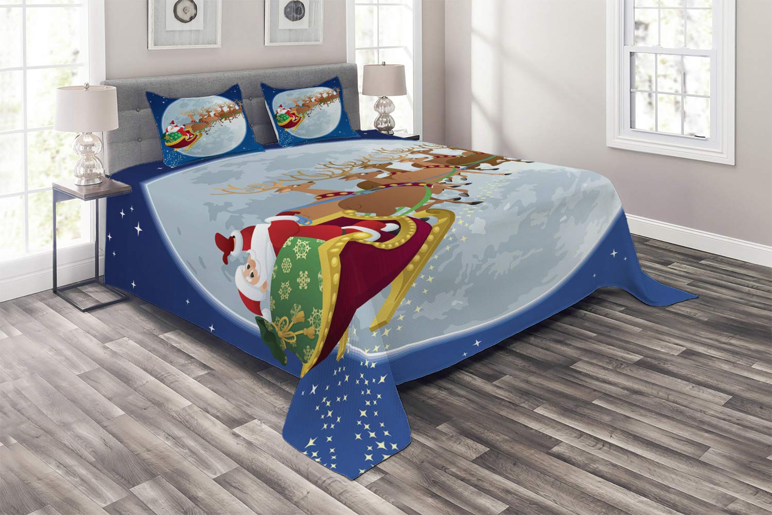 Ambesonne Santa Quilt Set - 3 Piece King Size Christmas Bedspread with Santa Claus Sleigh Flying to Moon Design, Includes 2 Pillow Shams - Holiday Home Decor for Bedroom, Living Room & Festive Gift