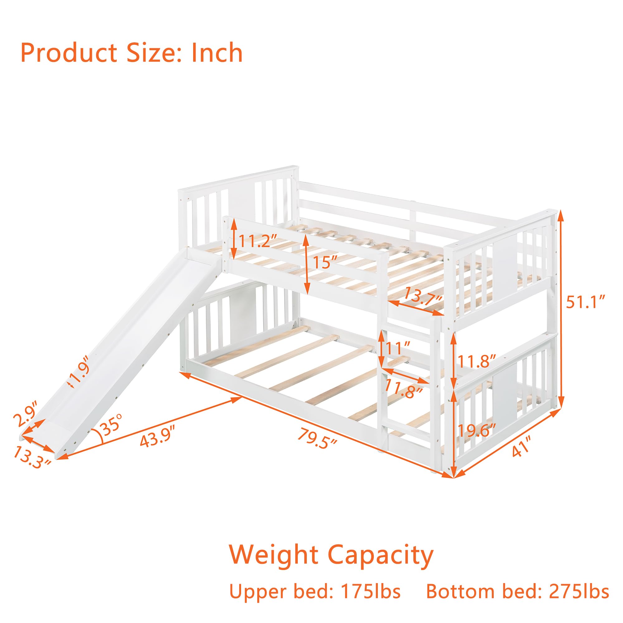 Montessori Twin Over Twin Bunk Bed with Slide & Ladder - Low Profile Kids Bunk Bed with Safety Guardrail, Headboard & Footboard - White Space-Saving Bunk Bed for Boys & Girls - Perfect for Small Bedrooms, Playrooms & Shared Kids' Rooms