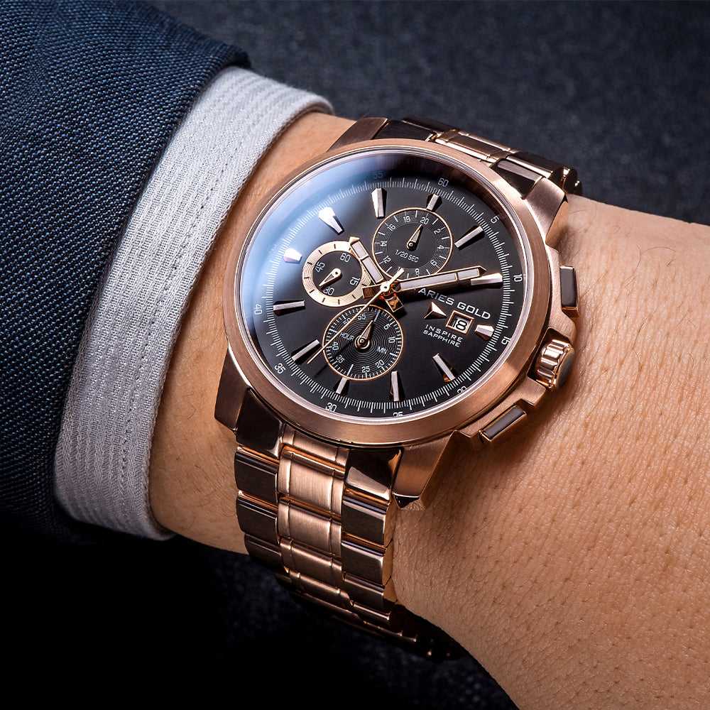 Aries Gold Inspire Contender G 7301 RG BKRG Watch - Luxury Rose Gold Bracelet Watch for Men - Perfect for Business, Formal Events & Special Occasions