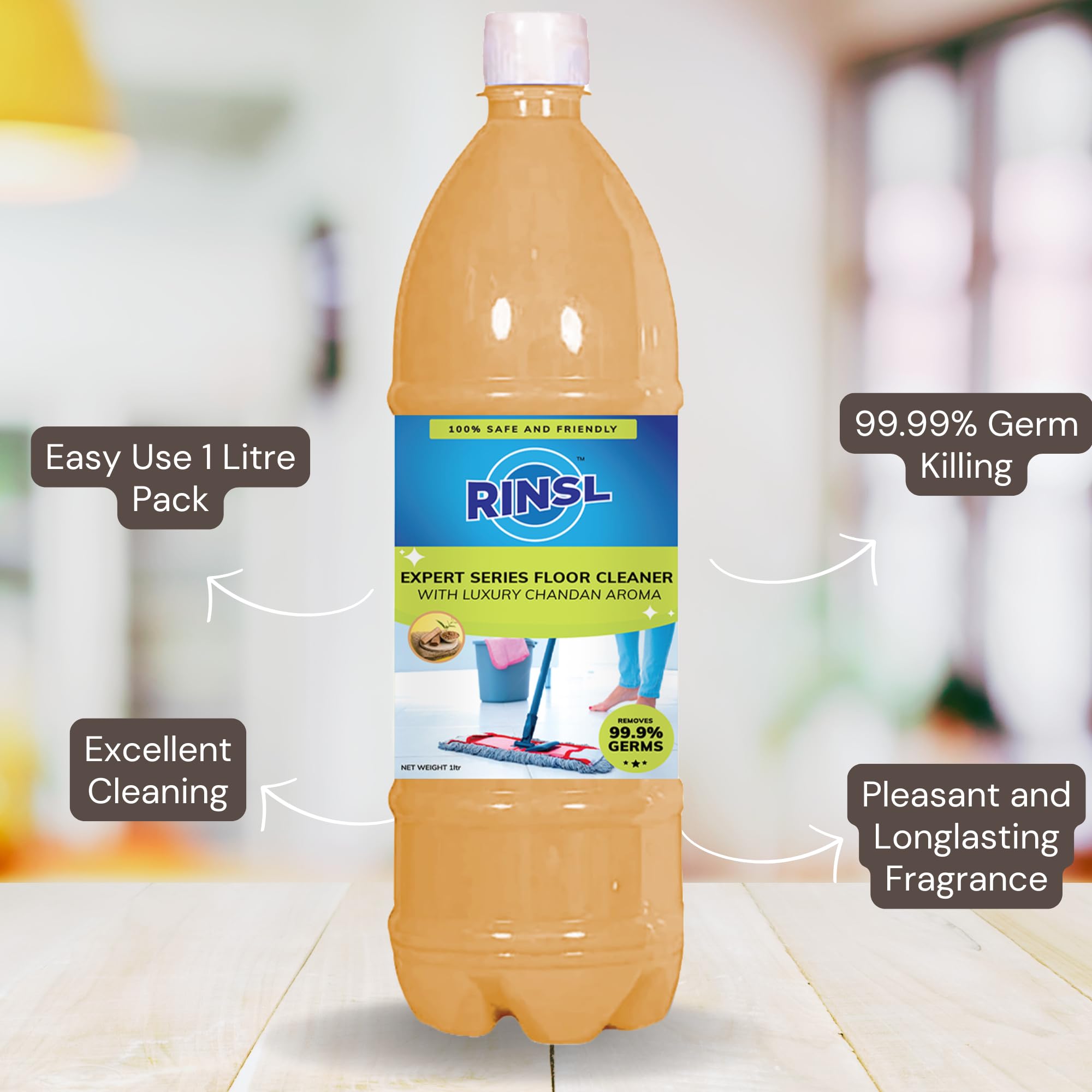 Rinsl Luxury Chandan Floor Cleaner - 2 Liters (Pack of 2) | Natural Scent, Deep Cleaning | Perfect for Hardwood, Tile & Marble Floors