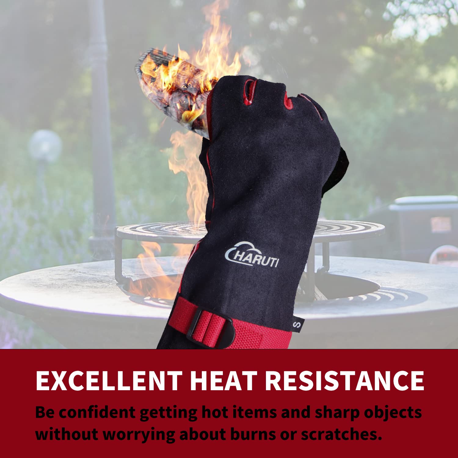 AOUMANI Fireproof Leather Welding Gloves Heat Resistant up to 932°F, 35cm BBQ Grill Gloves for Cooking, Baking, Fireplace, Gardening & Outdoor Use