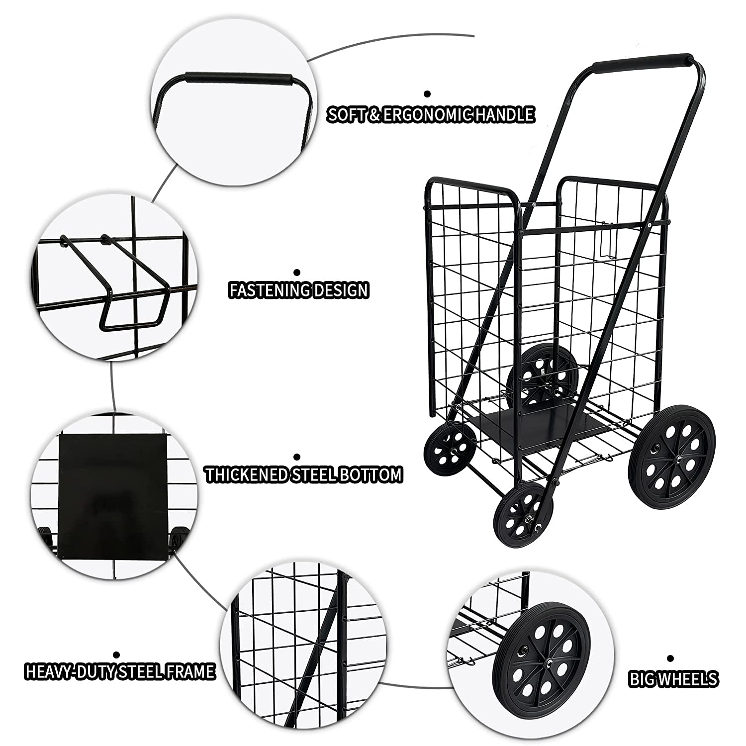 Heavy Duty Metal Folding Grocery Cart with Large Capacity - Upgraded Rubber Wheels for Stability & Durability - 50KG Load Bearing - Convenient Lightweight Shopping Cart for Supermarket, Farmers Market & Home Use (Black)
