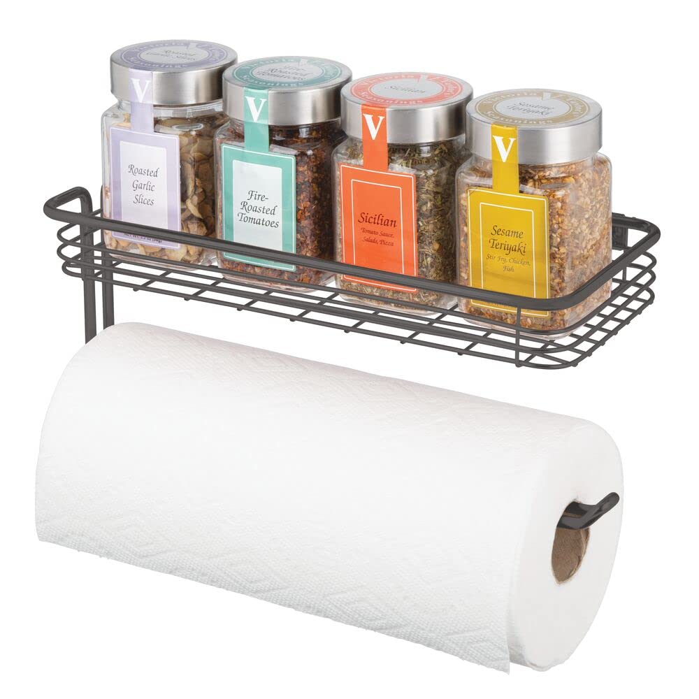 mDesign Wall Mount Paper Towel Holder with Spice Rack & Multi-Purpose Shelf - Space Saving Kitchen Organizer for Pantry, Laundry, Garage - Durable Metal Wire Storage Solution in Graphite Gray - Perfect for Small Spaces & Clutter-Free Home Organization