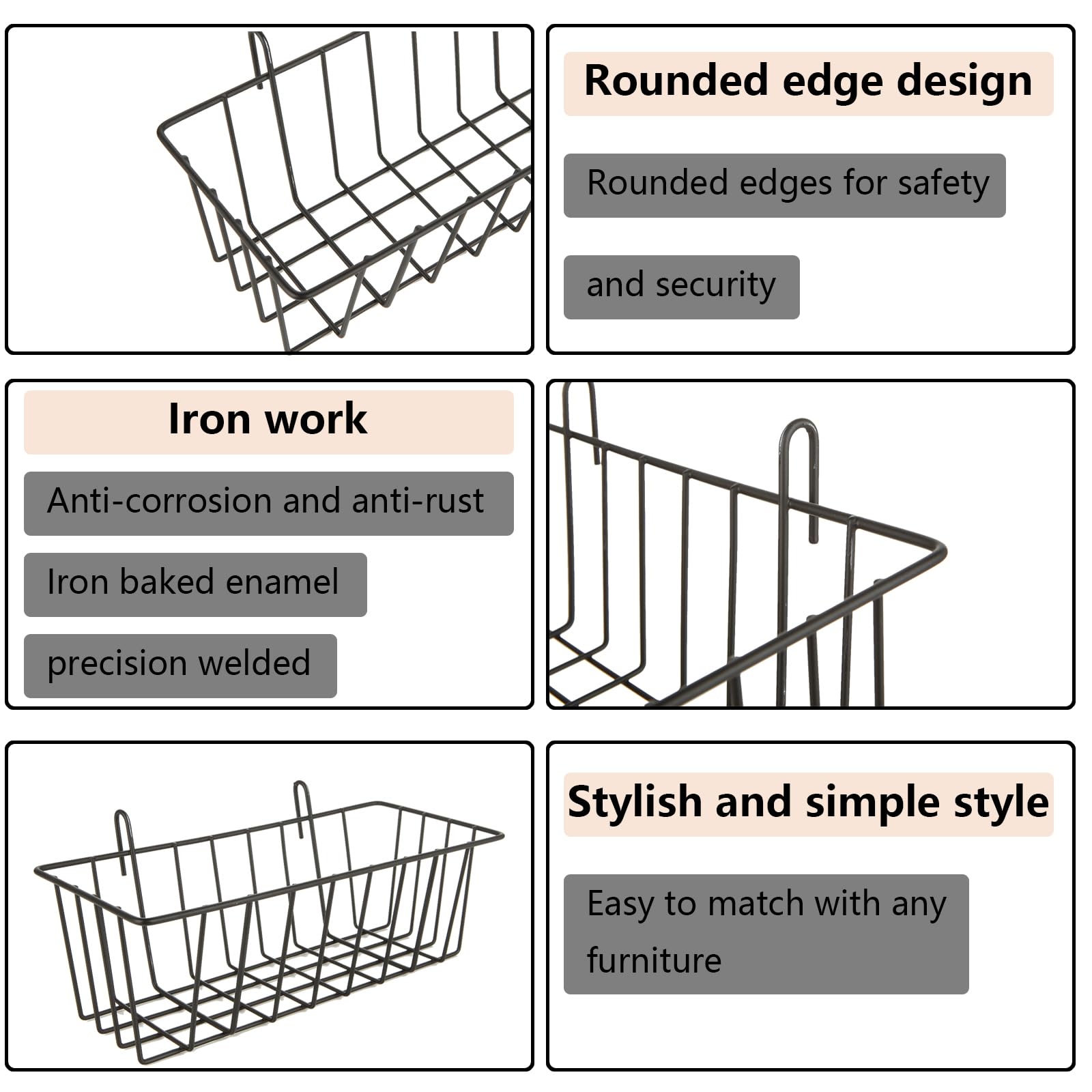 10 PCS Black Wall Grid Panel Hanging Wire Baskets - No Drilling Wall Mount Storage Organizer for Kitchen, Bathroom, Bedroom & Office Decor - Perfect for Spice Jars, Toiletries, Office Supplies & Home Organization
