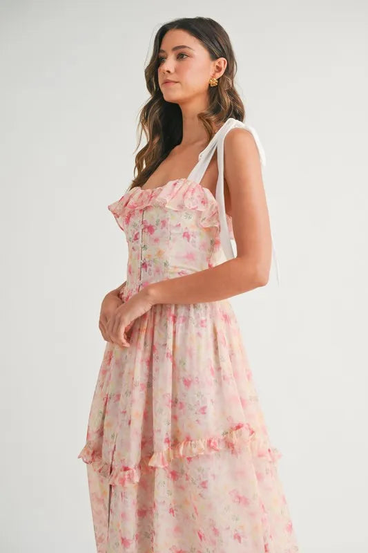Floral Blush Pink Shoulder Strap Midi Summer Dress - Women's Flowy Boho Dress for Beach, Vacation & Date Night