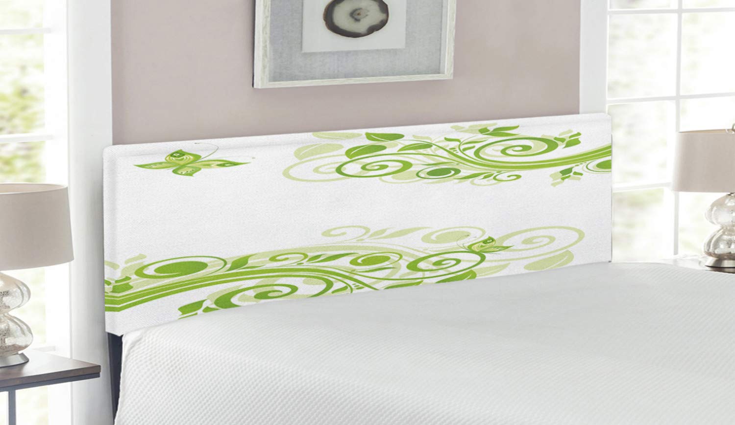 Ambesonne Queen Size Upholstered Headboard - Floral Botanical Design with Ivy & Butterflies, Memory Foam Support, Apple Green & Pale Green | Perfect for Bedroom Decor, Guest Rooms & Master Suites