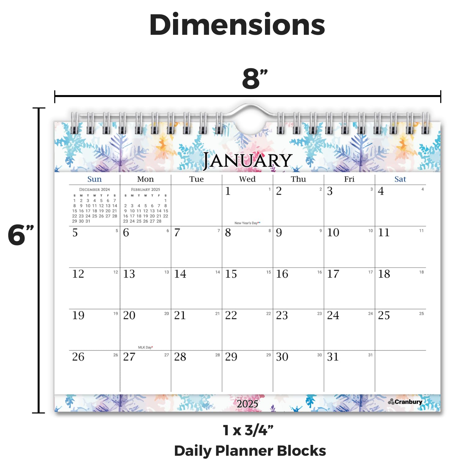 2025 CRANBURY 8x6 Inch Small Wall Calendar - Spiral Bound Mini Monthly Hanging Planner with Colorful Seasonal Designs | Perfect for Home, Office, Bulletin Board, Fridge & Desktop Organization | Includes Bonus Planner Stickers