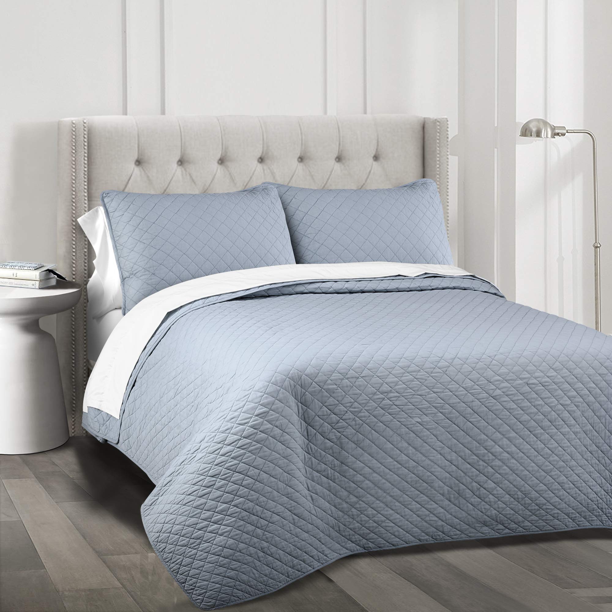 Lush Decor Ava Quilt Set - 3 Piece Oversized Diamond Pattern Bedding Blanket & Bedspread - Full/Queen Size - Solid Blue - Perfect for Cozy Bedroom Decor & Guest Room Styling
