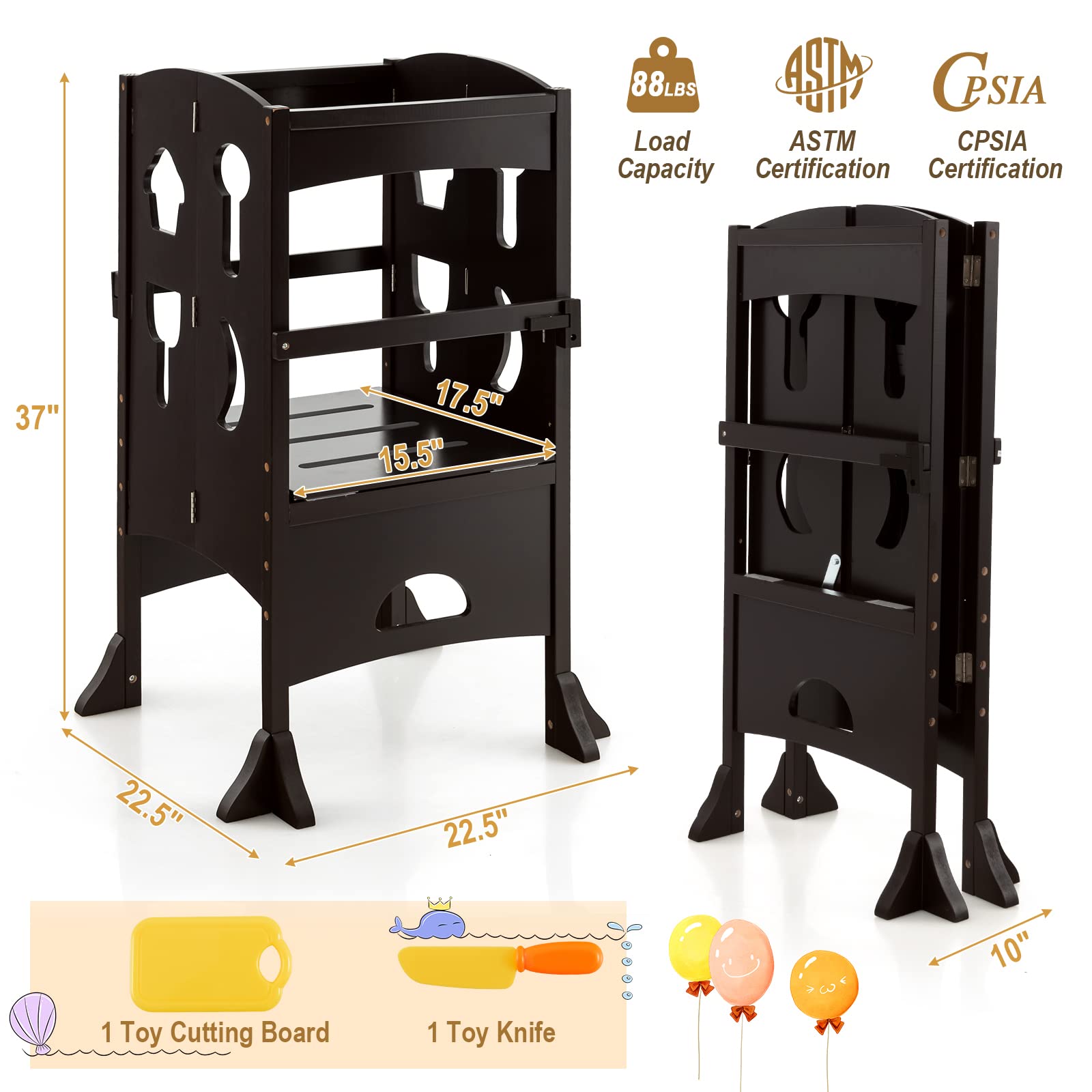 Costzon Adjustable Height Foldable Kids Kitchen Step Stool with Safety Rail - Montessori Learning Tower for Toddlers - Wooden Standing Helper for Bathroom & Kitchen Counter - Perfect for Baking, Washing Hands & Safe Exploration