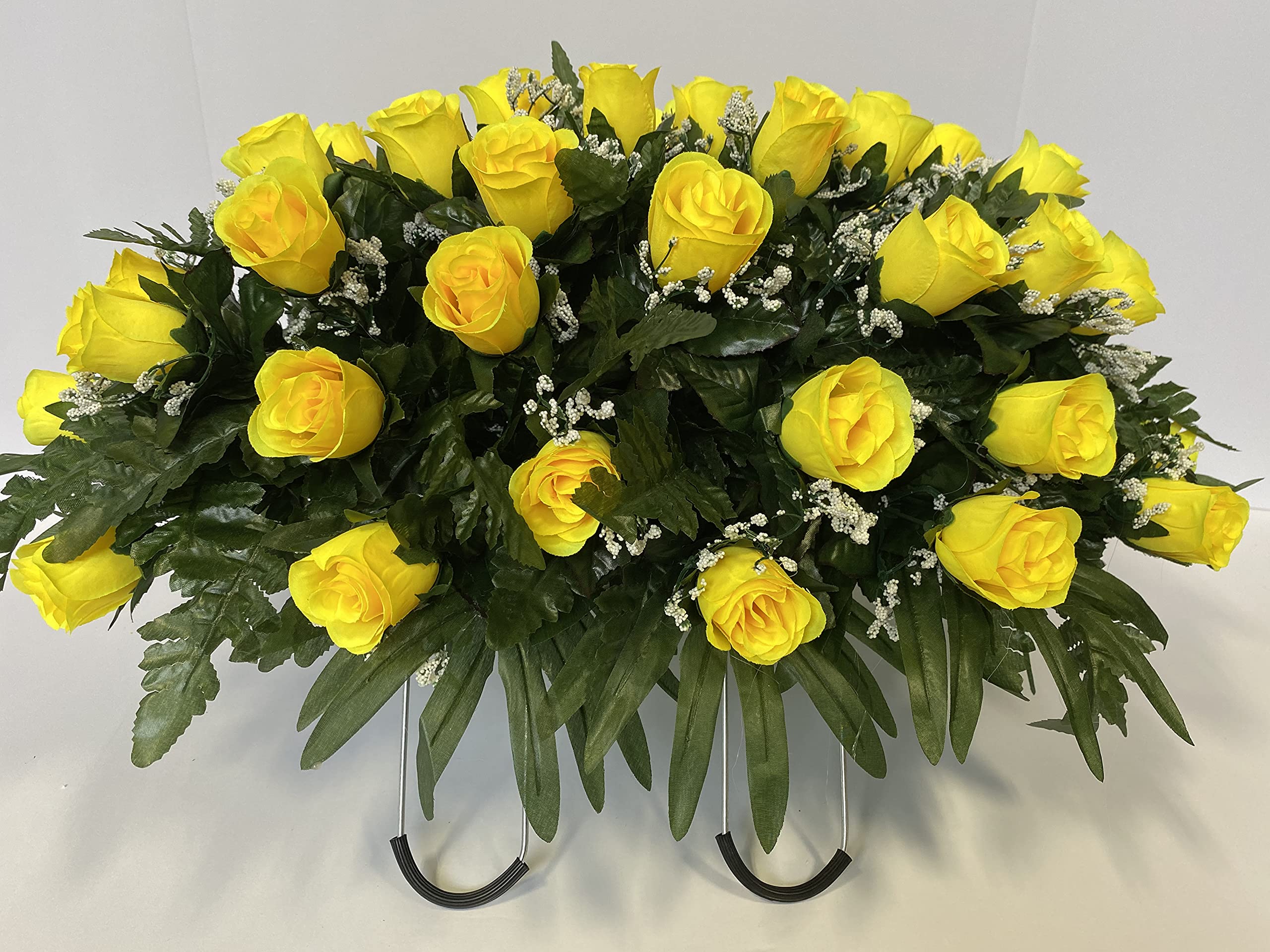Yellow Rose and Baby's Breath Flower Arrangement for Cemetery Headstones - Memorial Wreath for Graveside Decorations and Funeral Tributes