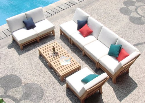 Premium Teak Wood 7-Piece Sectional Sofa Set with 2 Love Seats (Left/Right), Corner Piece, 2 Armless Chairs, Ottoman & Side Table - Outdoor Patio Furniture for Garden, Poolside & Backyard Relaxation