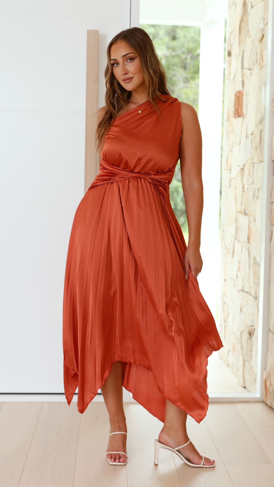 Elegant One Shoulder Midi Dress in Copper - Perfect for Summer Parties, Weddings & Date Nights