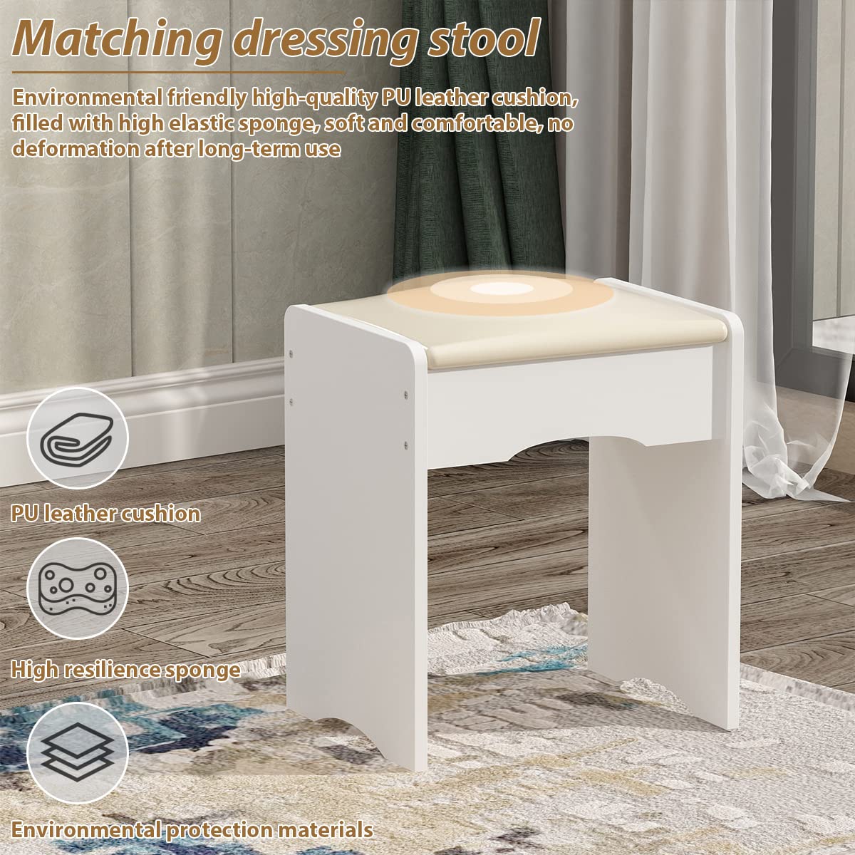 Large Vanity Table Set with Lighted Mirror - 5 Drawers & Shelves Makeup Dressing Desk with Cushioned Stool - White Vanity Set for Bedroom, Bathroom & Dorm Room Organization